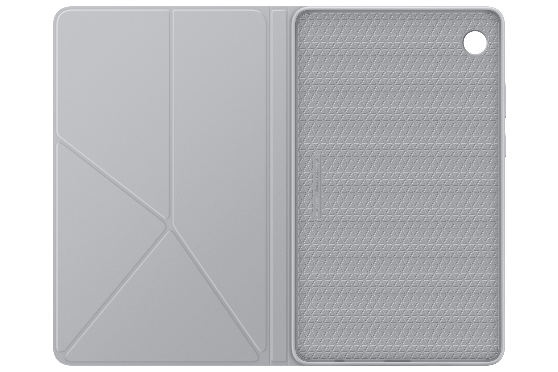 Una funda gris para tableta está abierta, mostrando el interior y el exterior. El interior tiene un patrón texturizado, mientras que el exterior es liso.