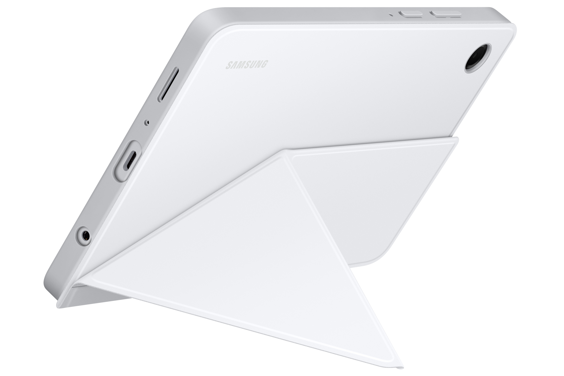Una tableta Samsung blanca con una funda blanca. La tableta está ligeramente inclinada, mostrando sus puertos laterales, cámara y el logotipo de Samsung.