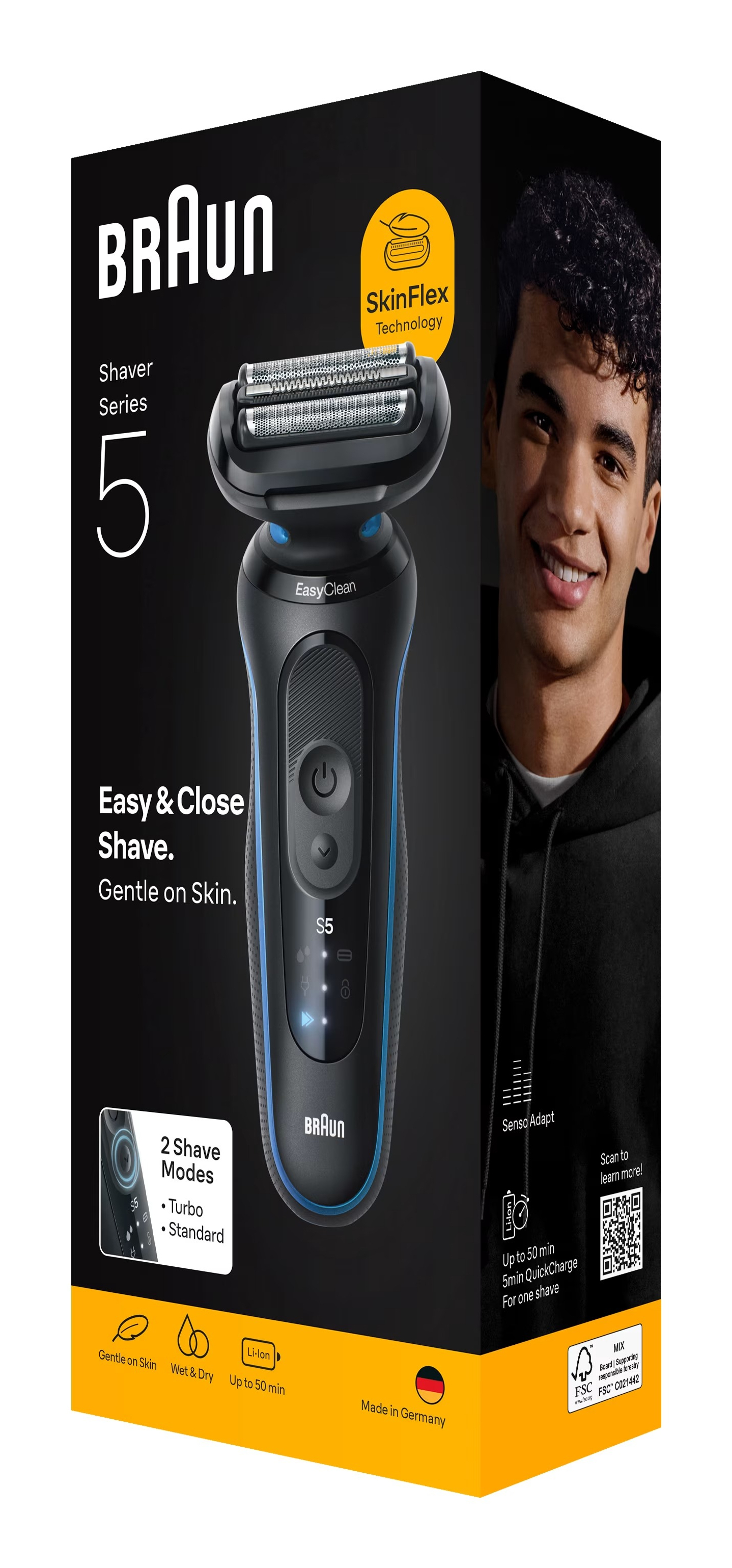 Scatola del rasoio Braun Series 5 con uomo sorridente. Include SkinFlex, Easy & Close Shave e 2 modalità.