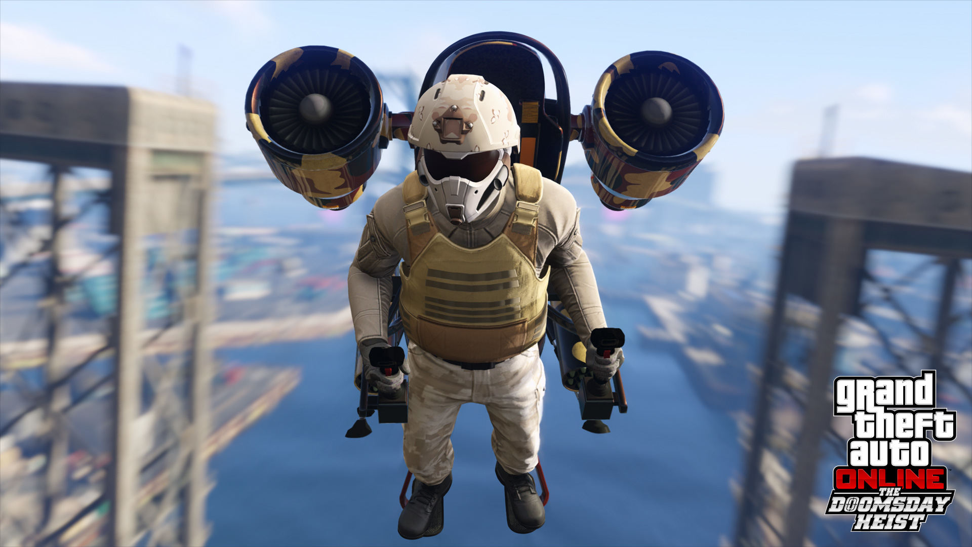 Una persona in uniforme militare con un jetpack vola sopra una città. Lo sfondo è sfocato e il cielo è blu.