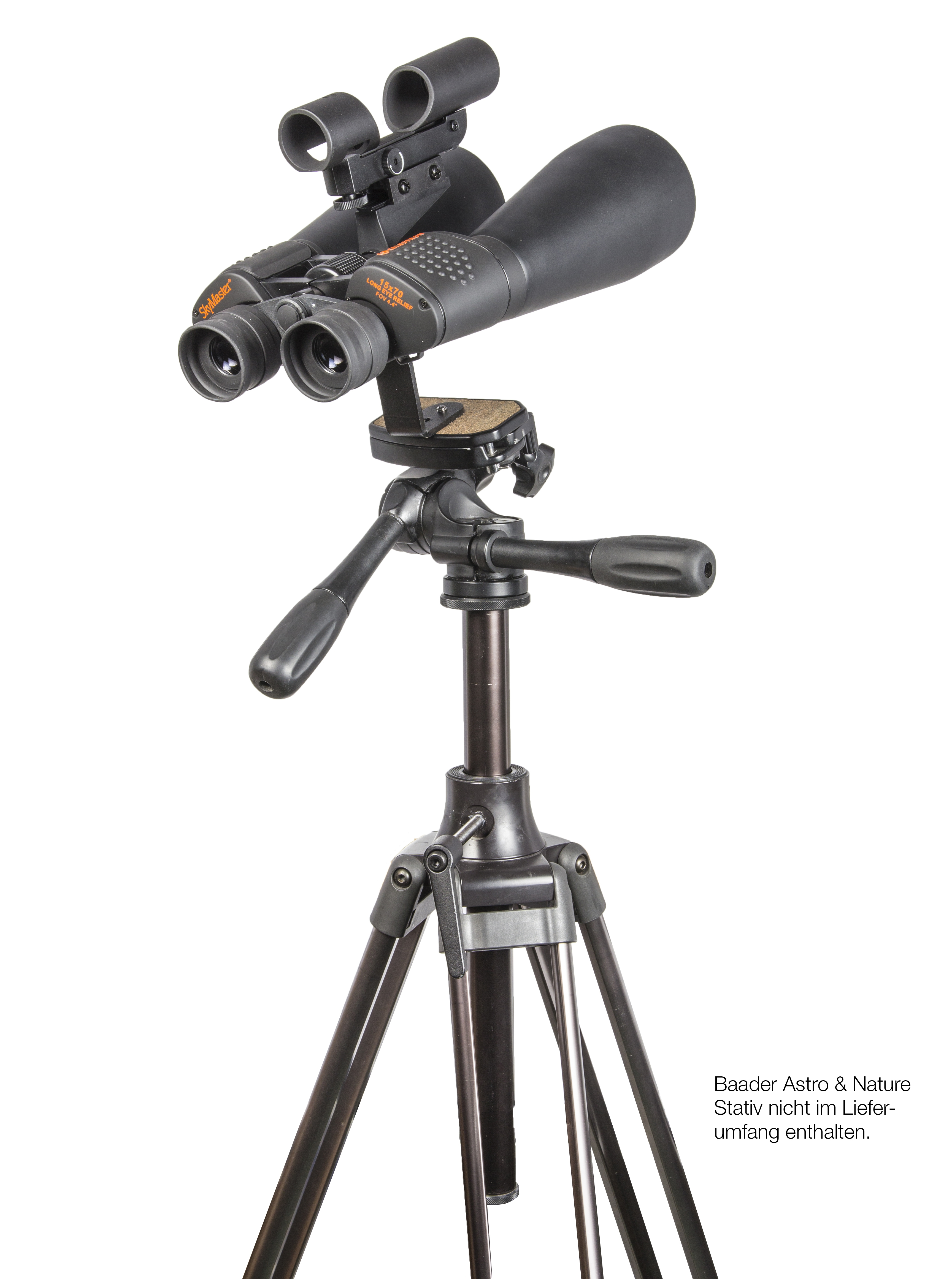 Binocolo su un treppiede. Il binocolo è nero, con testo arancione. Il treppiede è nero e argento.