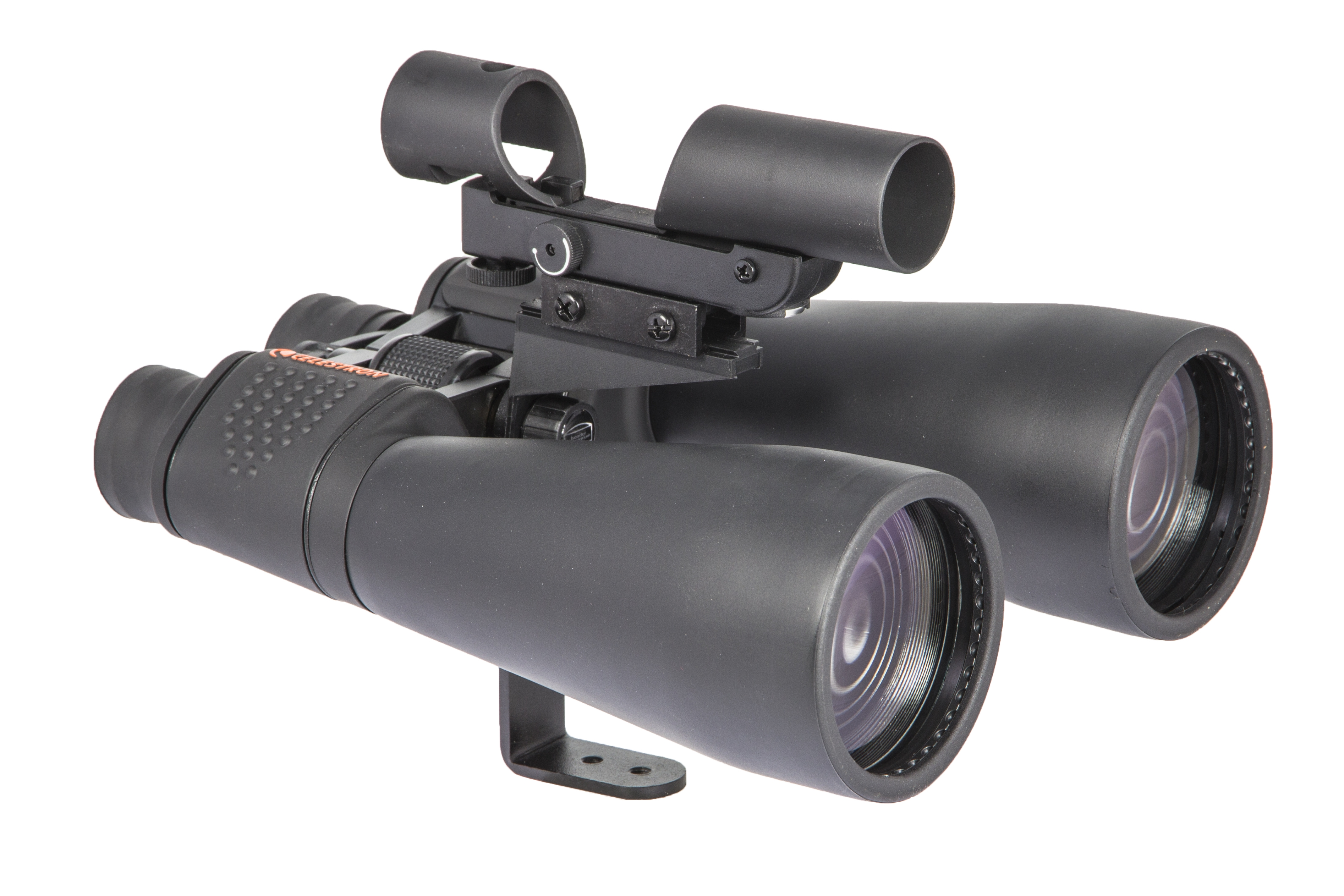 Binocolo nero con un dispositivo di mira nero attaccato, su sfondo bianco.