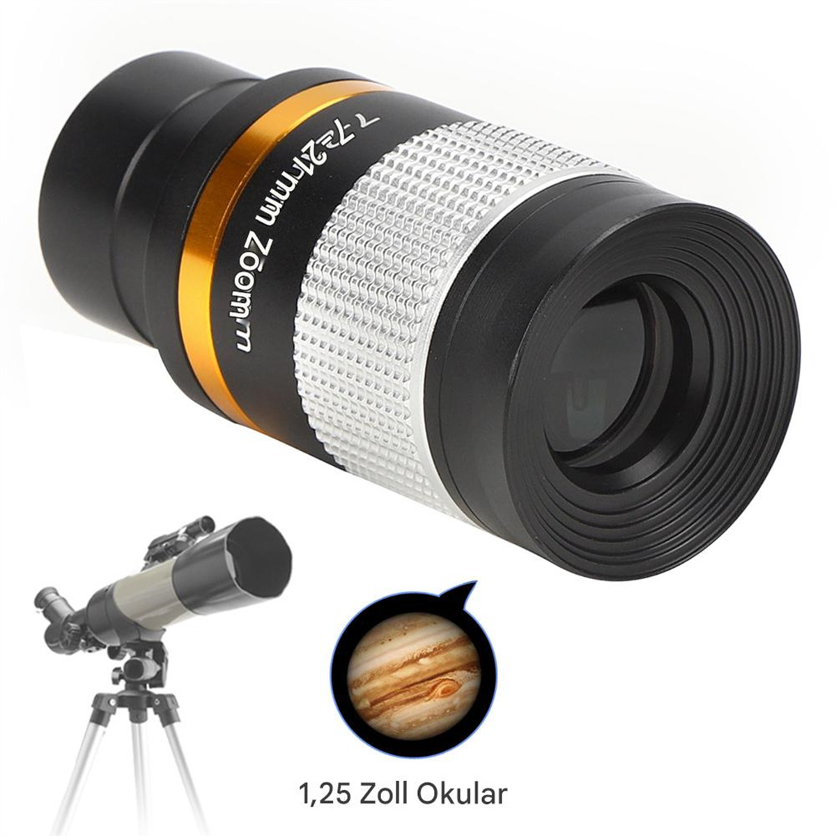 Ein Teleskopokular mit Zoommarkierungen. Außerdem ein Teleskop auf einem Stativ und ein Bild vom Jupiter.