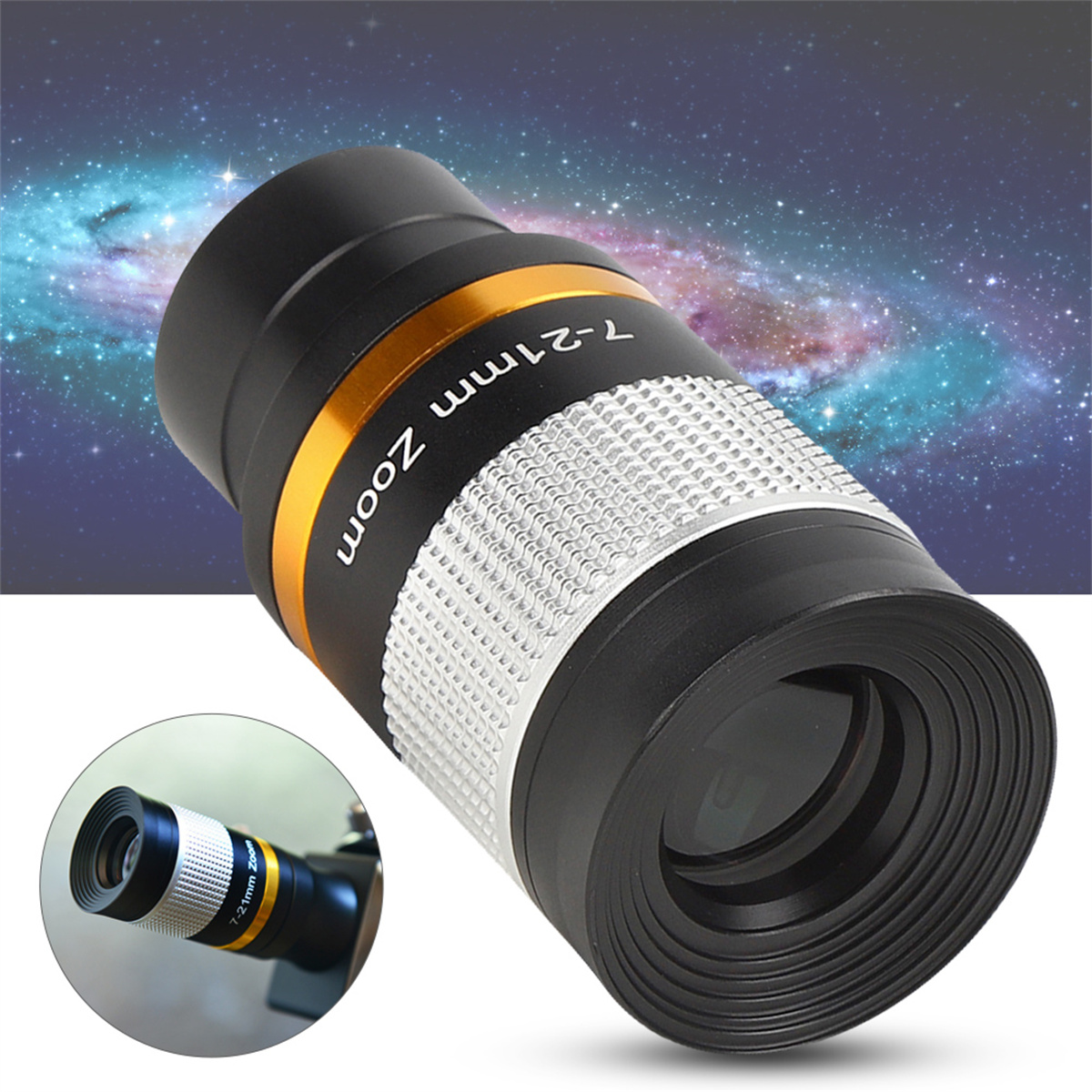 Ein Teleskopokular mit Zoommarkierungen. Der Hintergrund zeigt eine Sternen Galaxie. Ein kleinerer Ausschnitt des Okulars ist sichtbar.