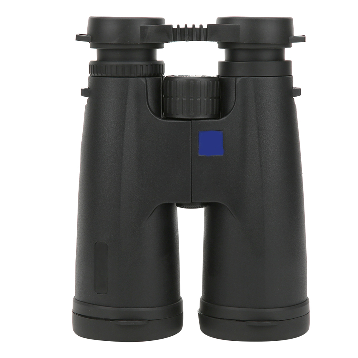 Ein Fernglas in Schwarz mit einem blauen quadratischen Logo in der Mitte. Der Hintergrund ist weiß.
