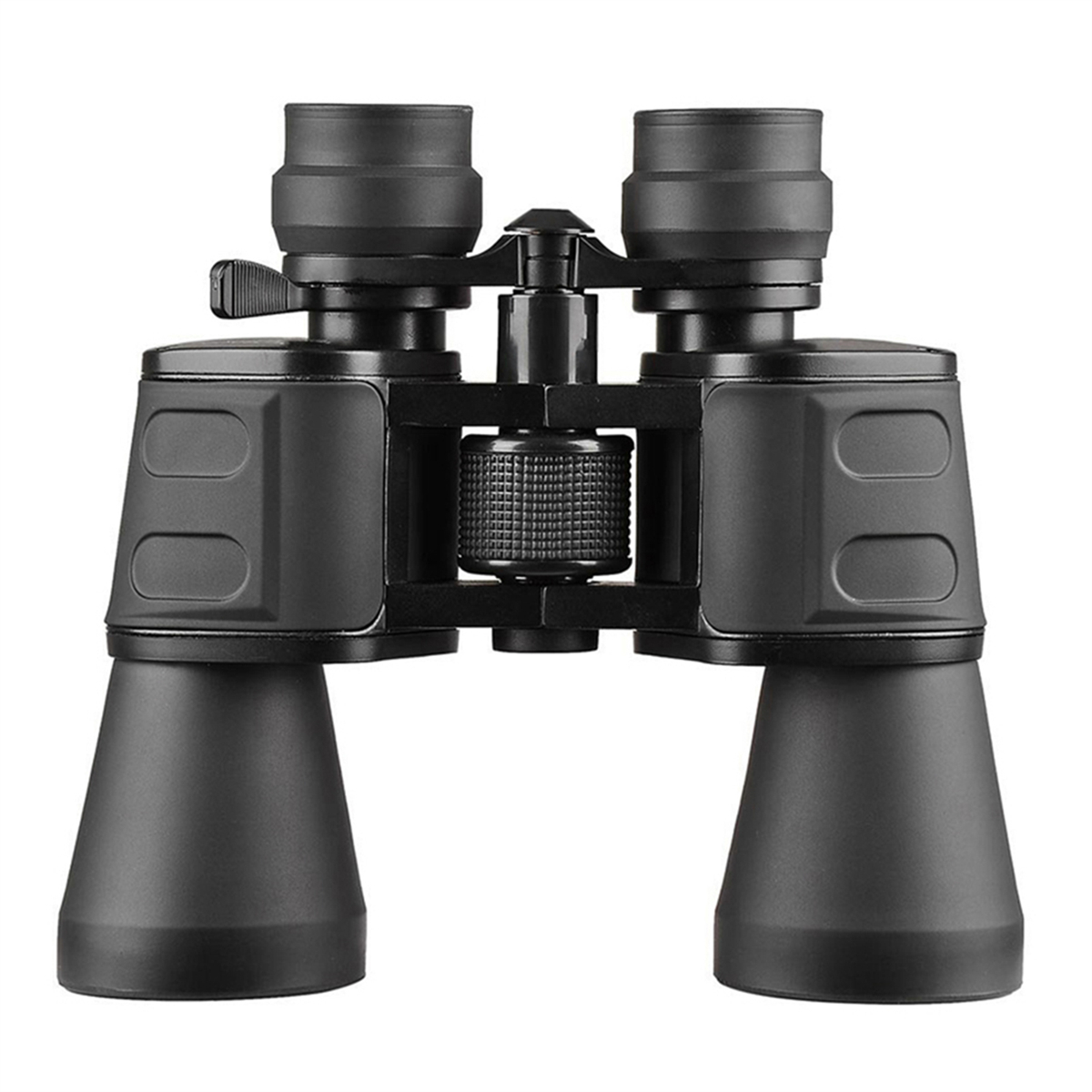 Schwarzes Fernglas mit zentralem Fokusknopf, Okularen und Objektivlinsen vor weißem Hintergrund.