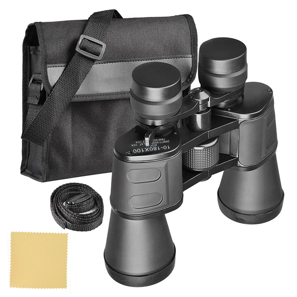 Ein Fernglas mit schwarzer Tasche, Riemen, Putztuch und Trageriemen vor weißem Hintergrund.