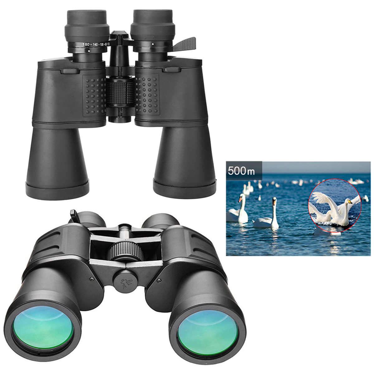 Schwarzes Fernglas mit grünen Linsen. Ein kleines Bild zeigt Schwäne auf dem Wasser. Fernglas hat Einstellungen und ein Fokussierrad.