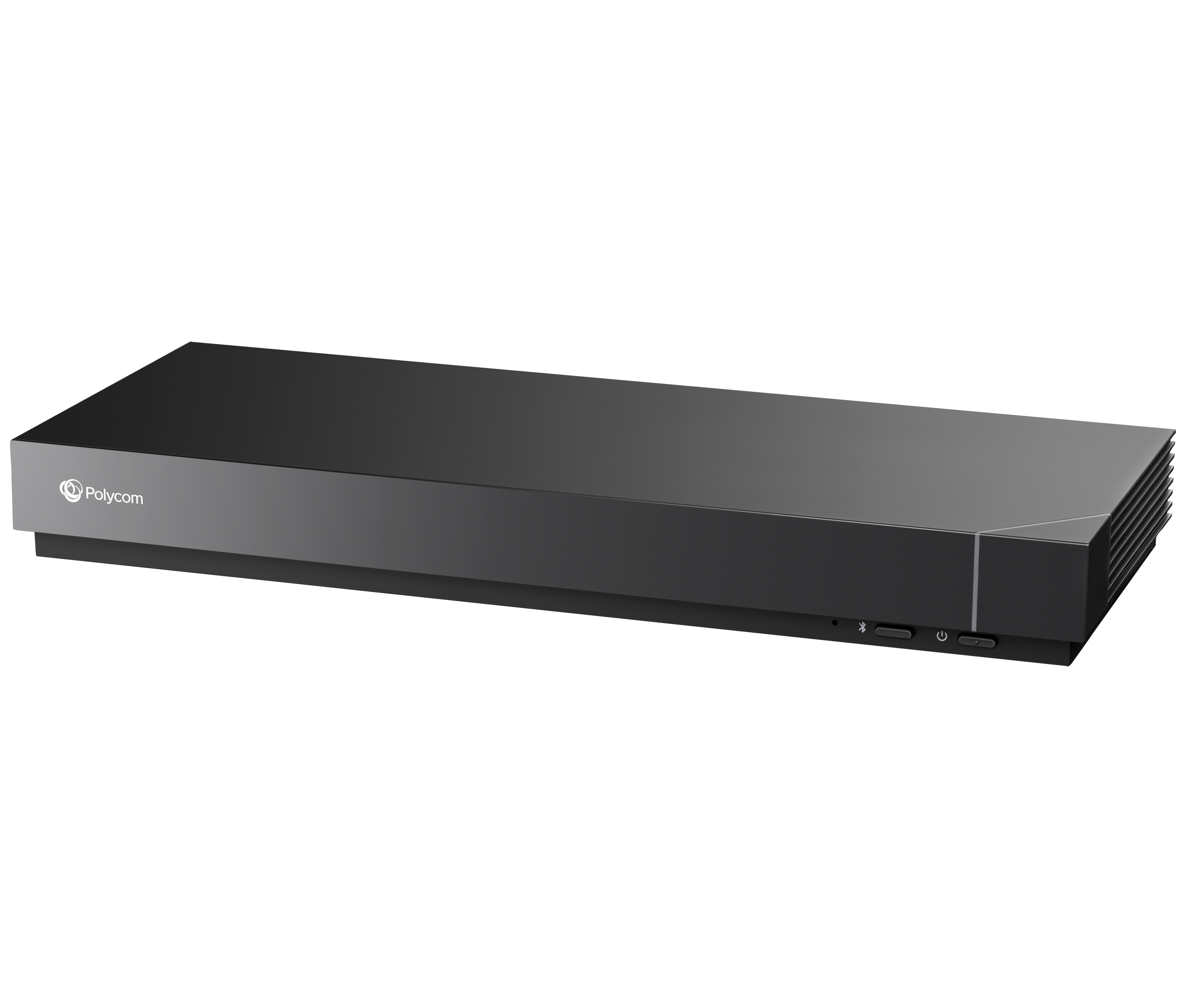 Ein schwarzes rechteckiges Gerät mit Polycom-Logo. Es hat Knöpfe und Anschlüsse vorne und Belüftung hinten.