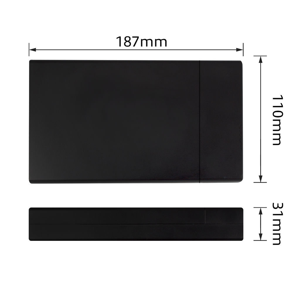 Schwarzes rechteckiges Gerät mit den angegebenen Abmessungen: 187 mm x 110 mm x 31 mm. Draufsicht und Seitenansicht mit Messlinien.