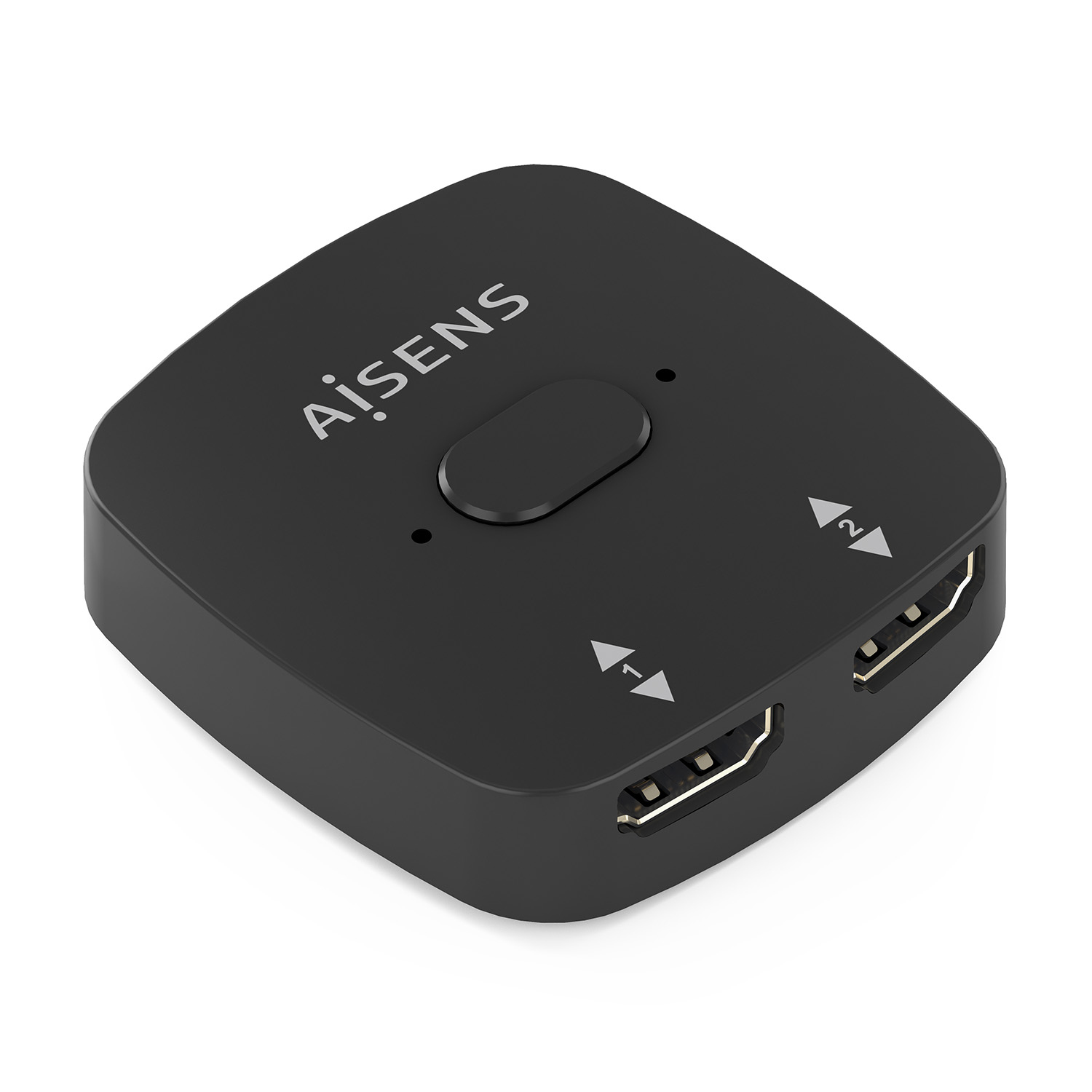 Uno switch HDMI nero con il marchio AiSens. Ha due porte HDMI, etichettate 1 e 2, e un pulsante sulla parte superiore.
