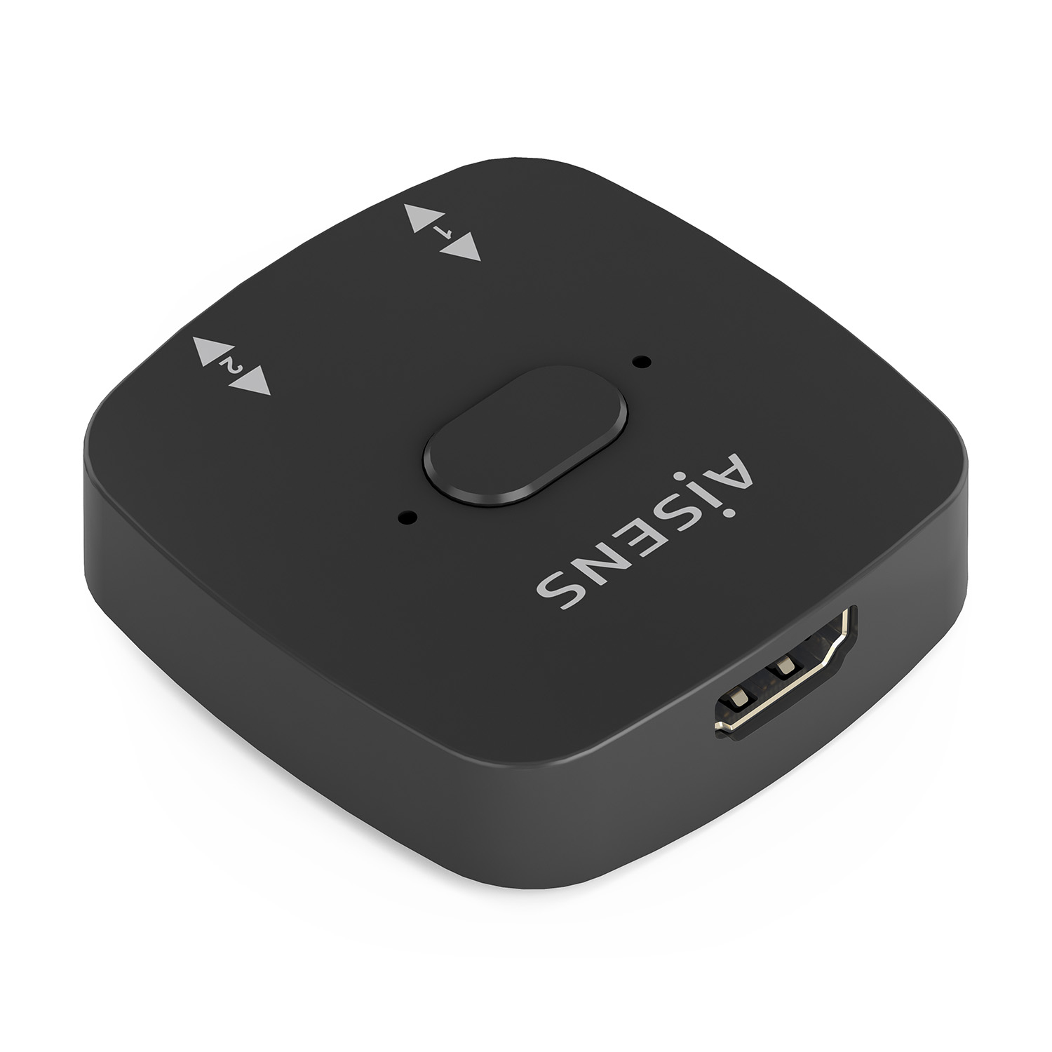 Un commutatore HDMI nero con frecce, un pulsante e la parola 'AISENS' al contrario. Ha una porta HDMI e uno sfondo bianco.