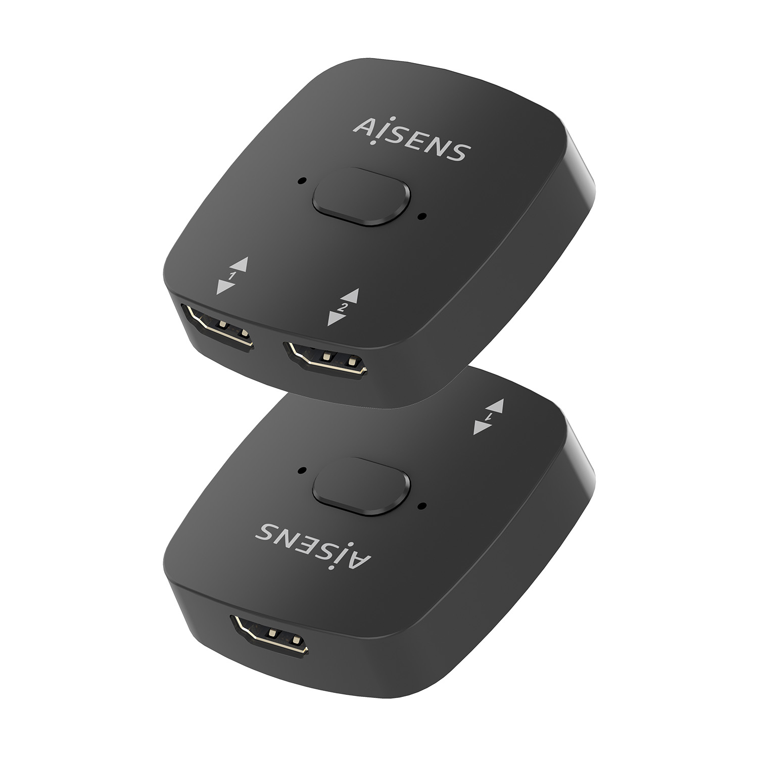 Due switch HDMI AISENS neri. Ognuno ha un pulsante e porte HDMI. Le frecce indicano la selezione dell'ingresso. Il marchio è visibile.