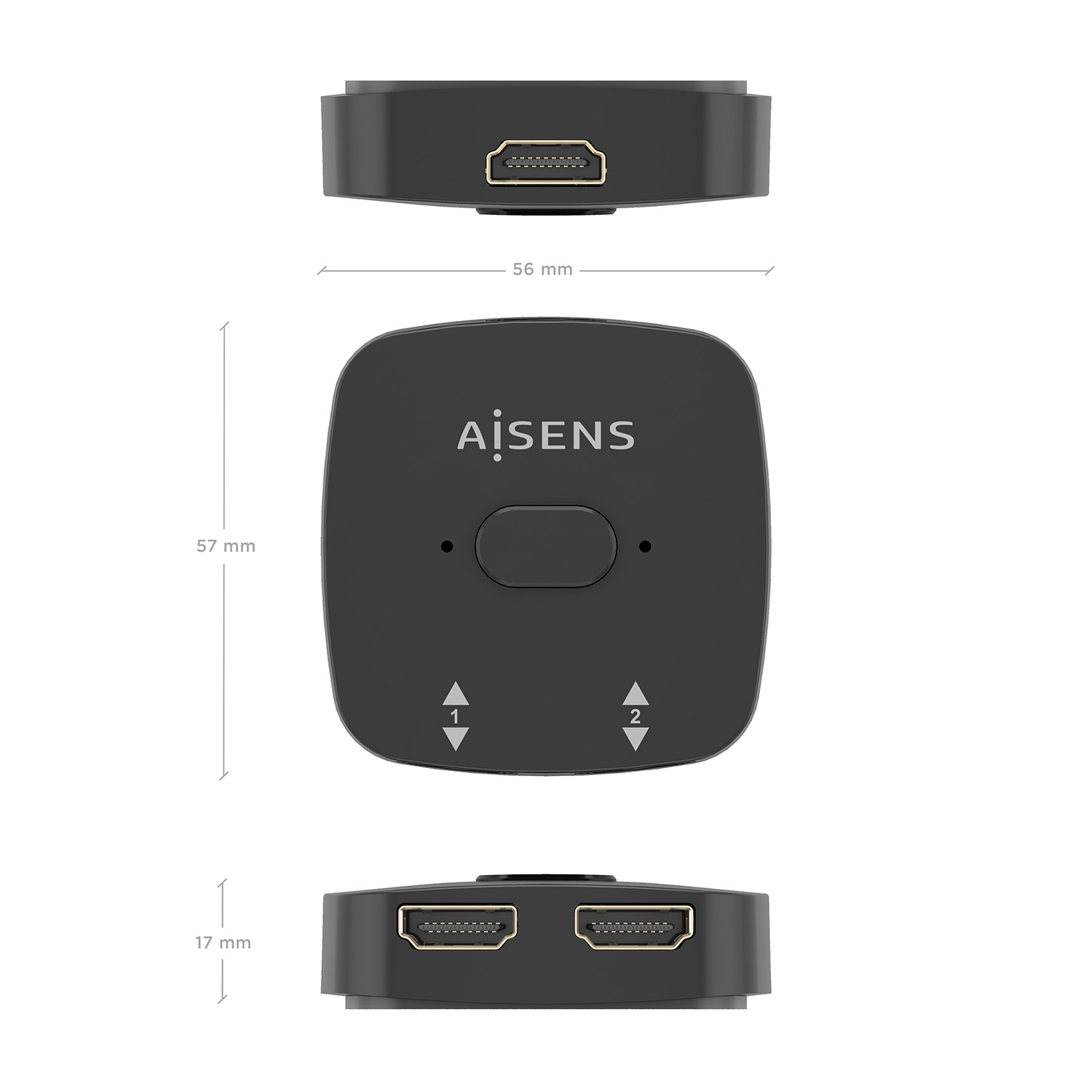 Dispositivo AJSENS nero con porte HDMI, un pulsante e frecce numerate. Le dimensioni sono indicate: 56 mm, 57 mm e 17 mm.