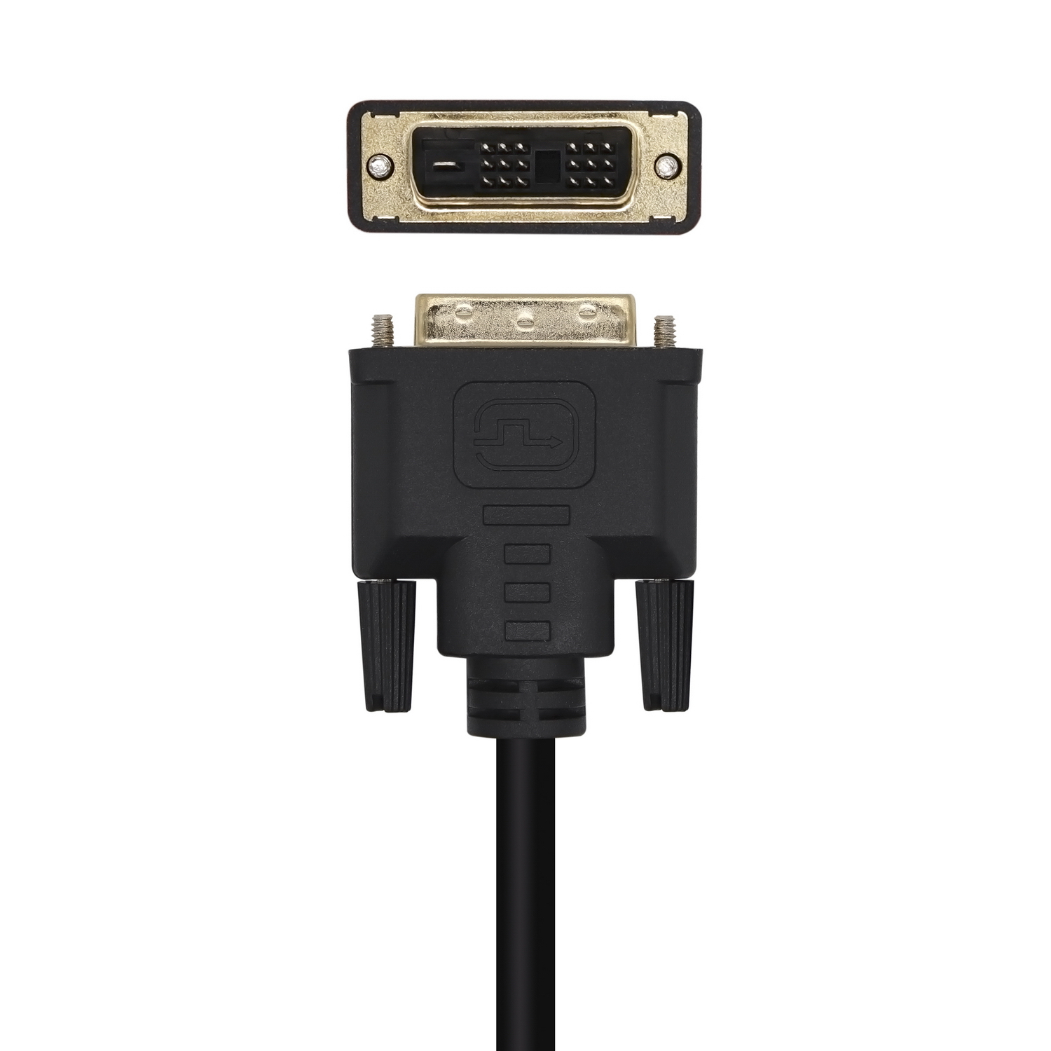 Un cable DVI con conectores negros y dorados está aislado sobre un fondo blanco. El cable es vertical, con los conectores en la parte superior.
