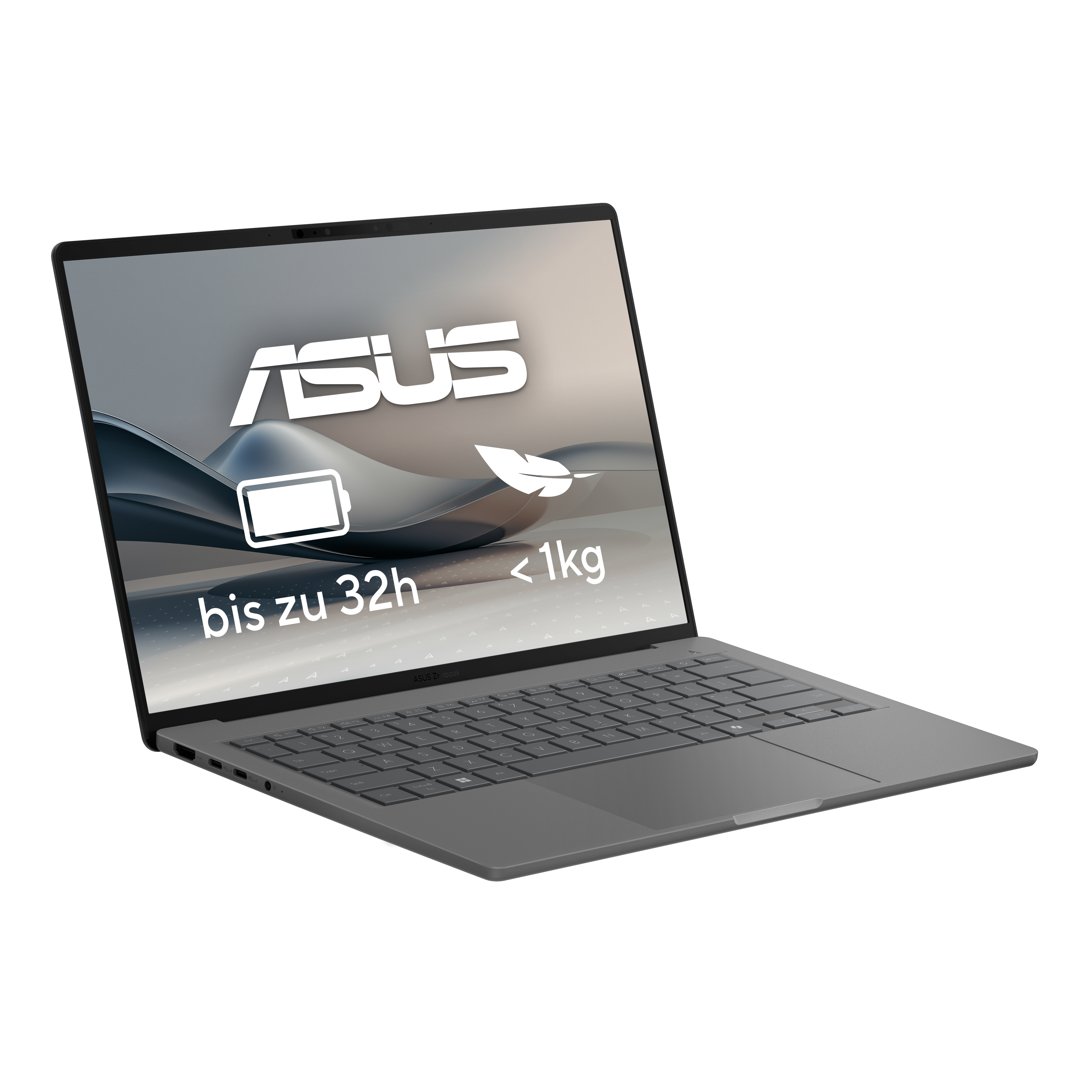 Szary laptop pokazany pod kątem, wyświetlający logo ASUS i specyfikacje na ekranie. Waży mniej niż 1 kg i ma baterię do 32h.