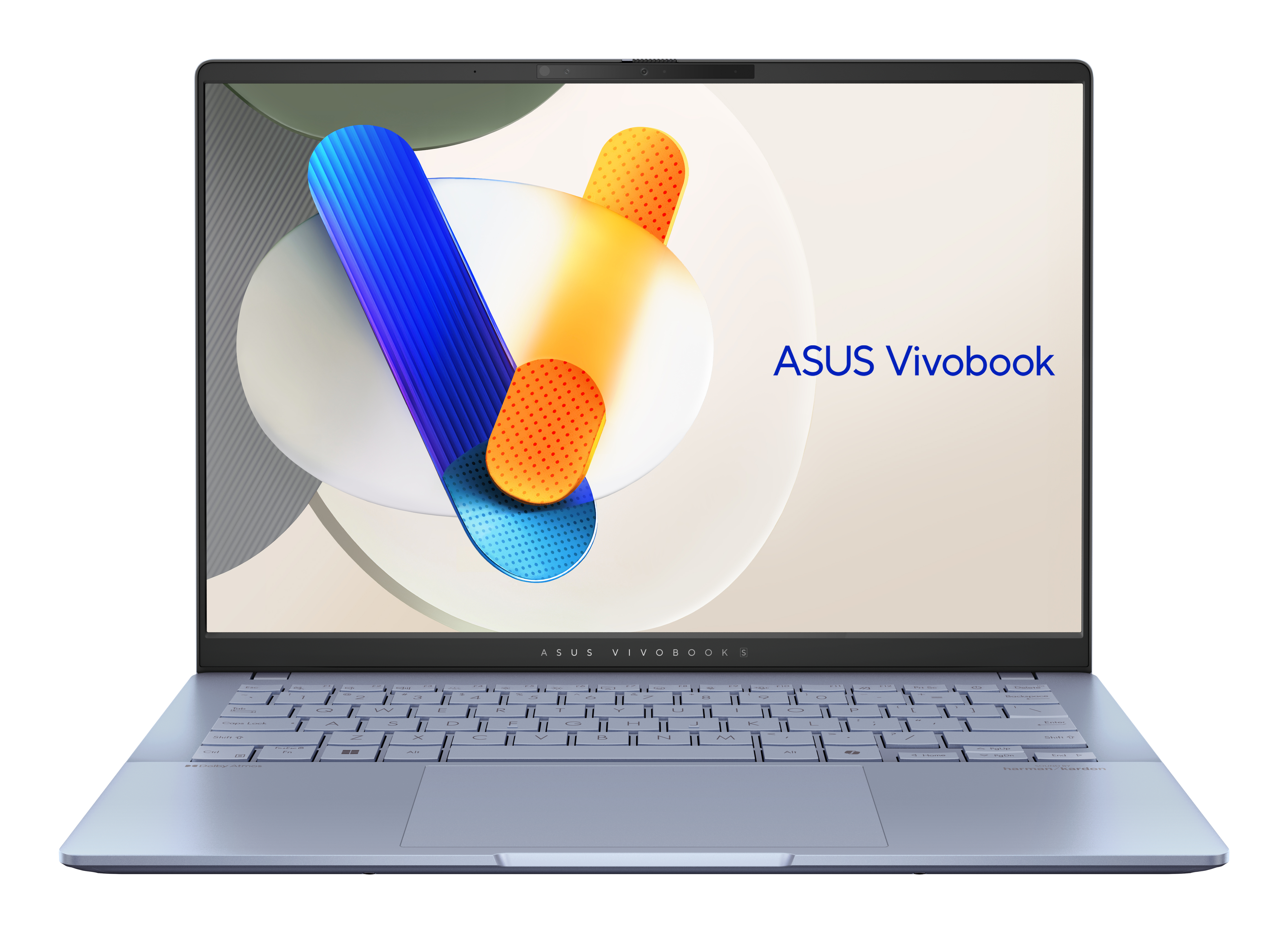 Laptop z ekranem wyświetlającym abstrakcyjną grafikę. Ma klawiaturę. Marka to ASUS Vivobook.