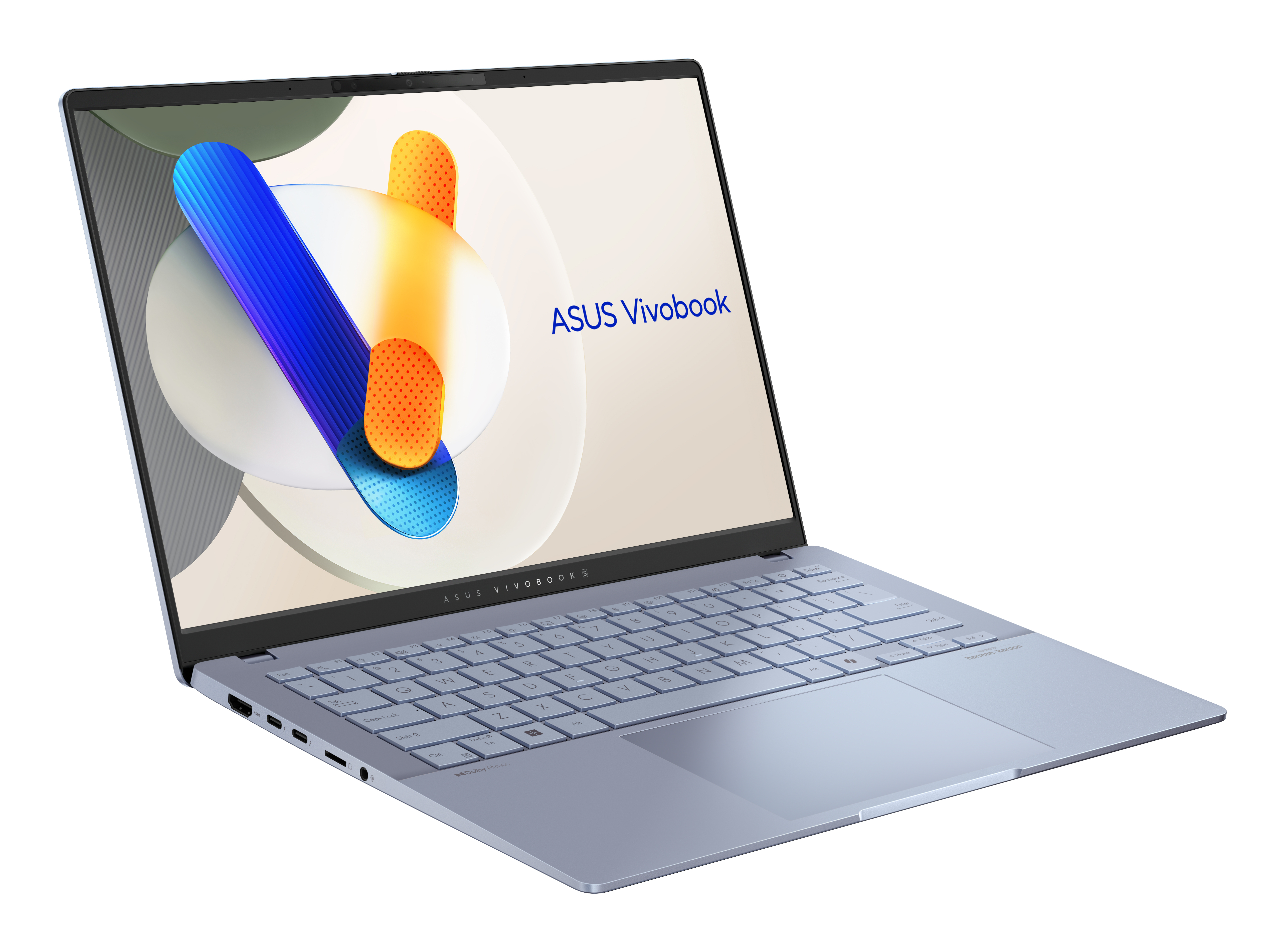 Otwarty jest jasnoniebieski laptop ASUS Vivobook. Ekran wyświetla abstrakcyjne kształty. Klawiatura jest widoczna.