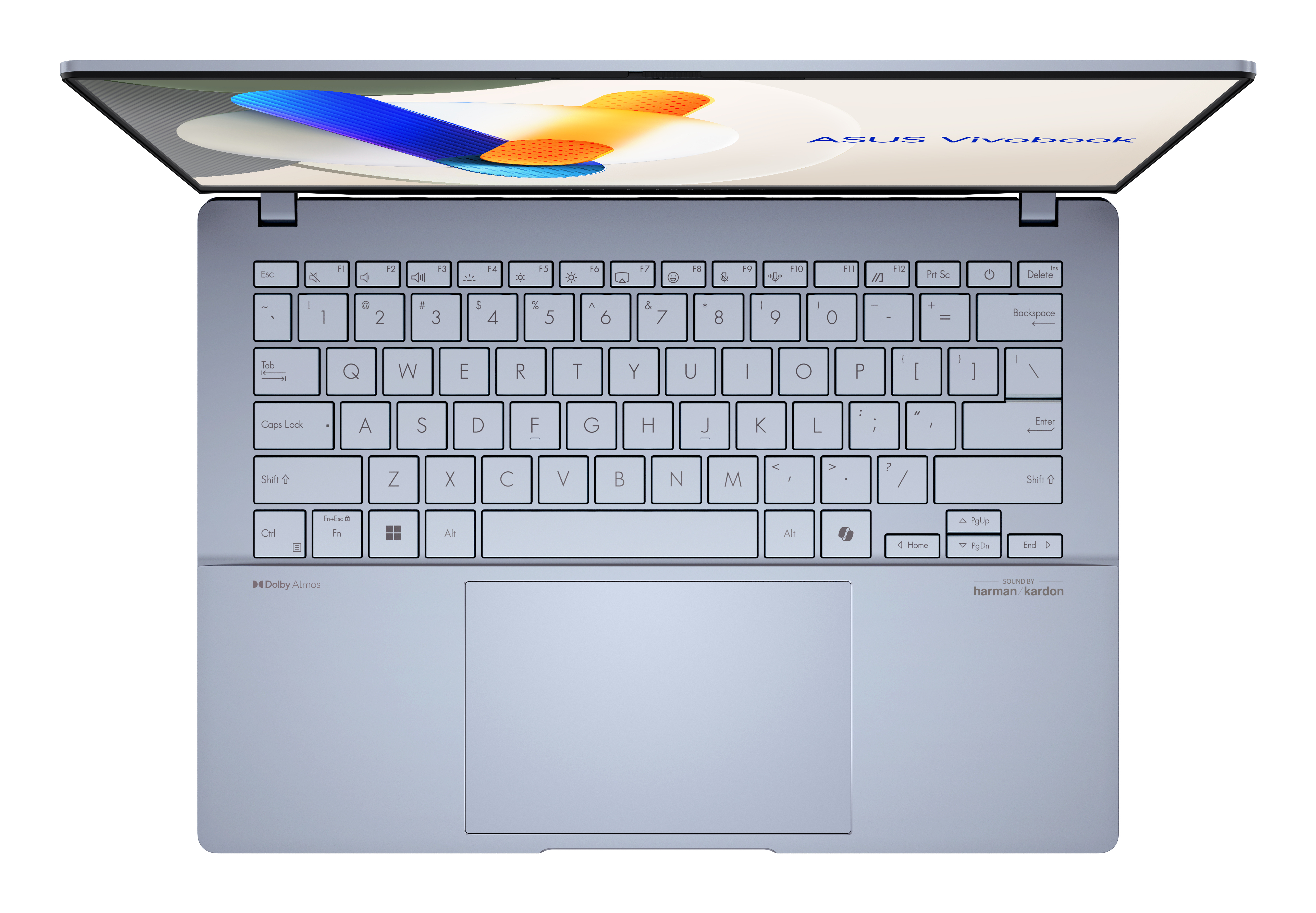 Widok z góry na srebrny laptop. Klawiatura jest ostra. Ekran wyświetla pomarańczowo-niebieski wzór.