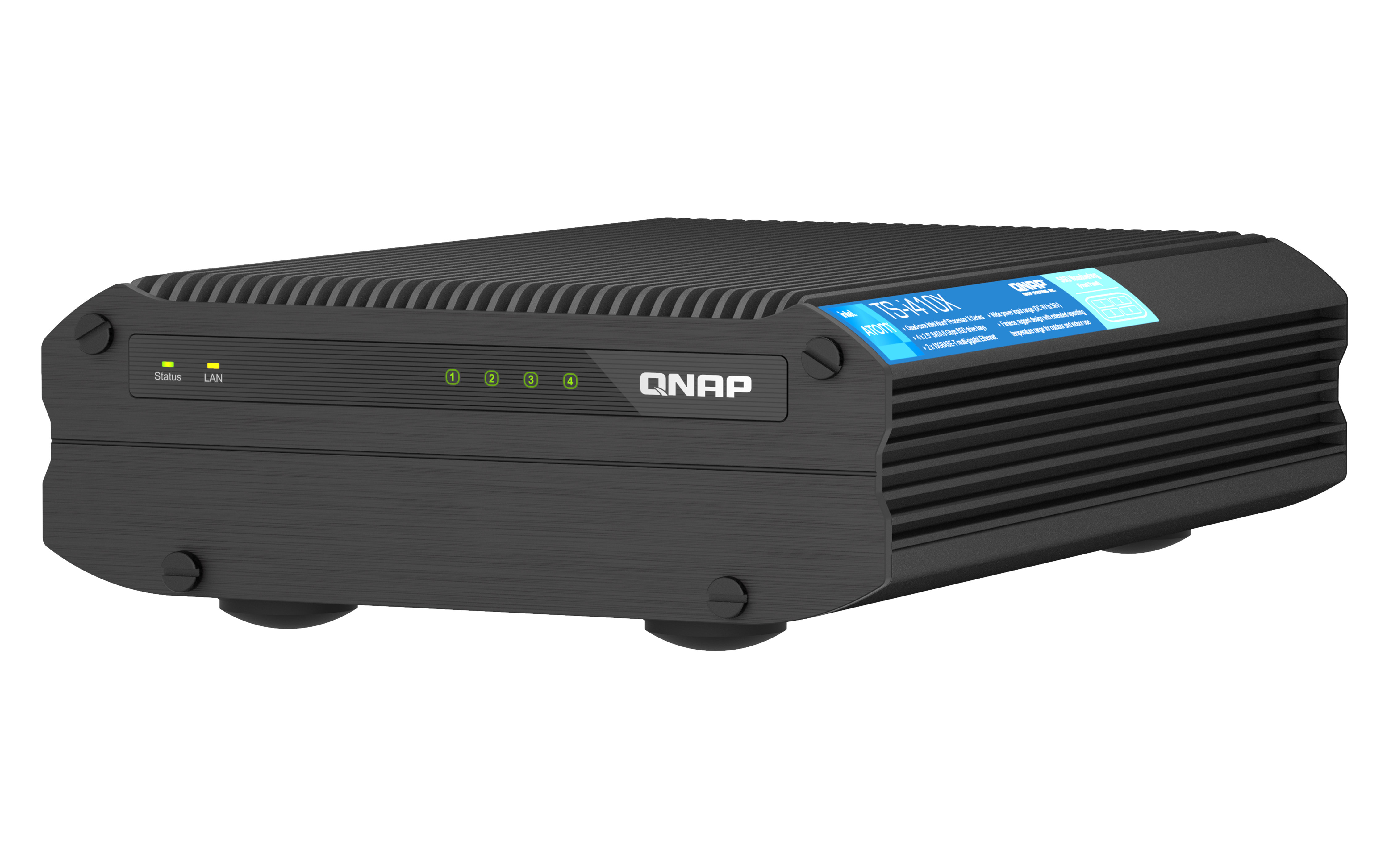 Ein schwarzes QNAP-Netzwerkspeichergerät. Es hat Status- und LAN-Leuchten, und der Modellname TS-1410X ist sichtbar.