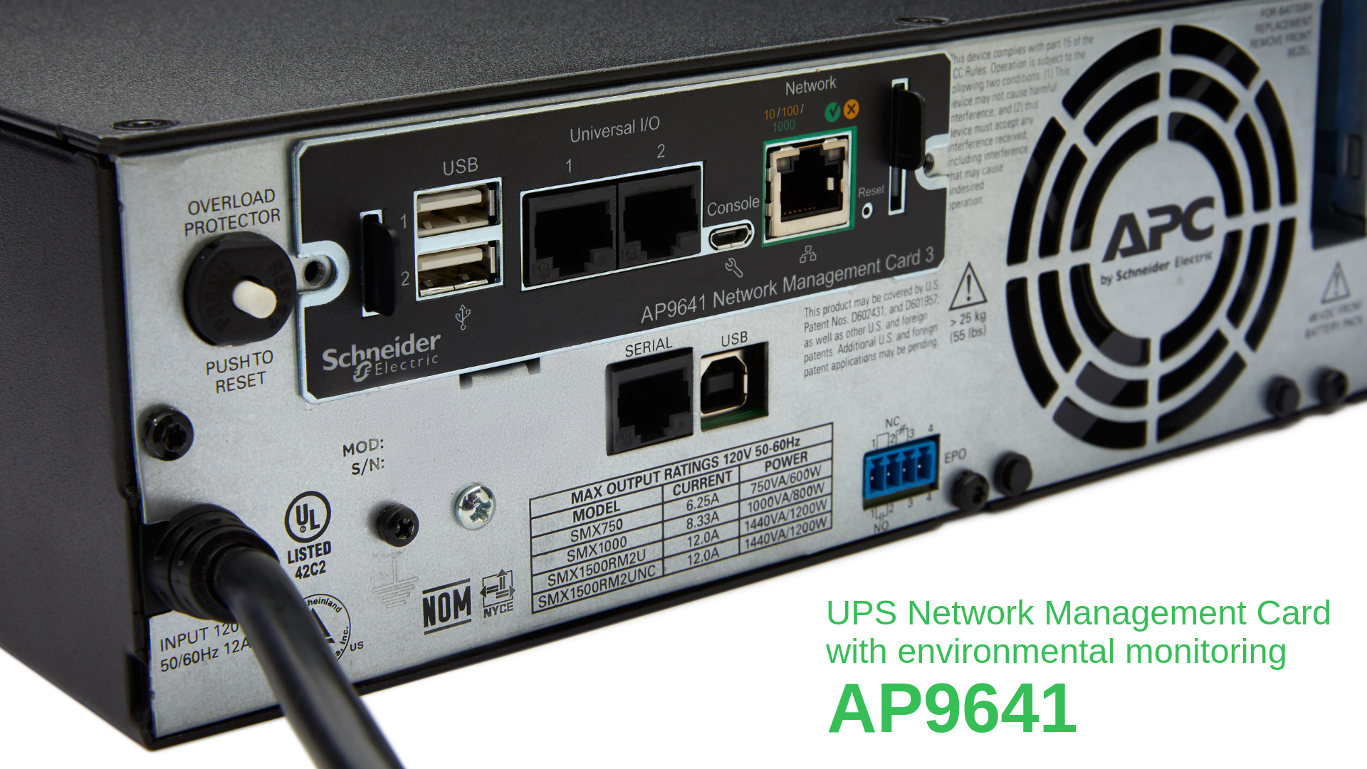 Schwarze APC AP9641 Netzwerkkarte mit Anschlüssen, Schneider Electric Logo und Leistungsdaten. Text: UPS Management Card.