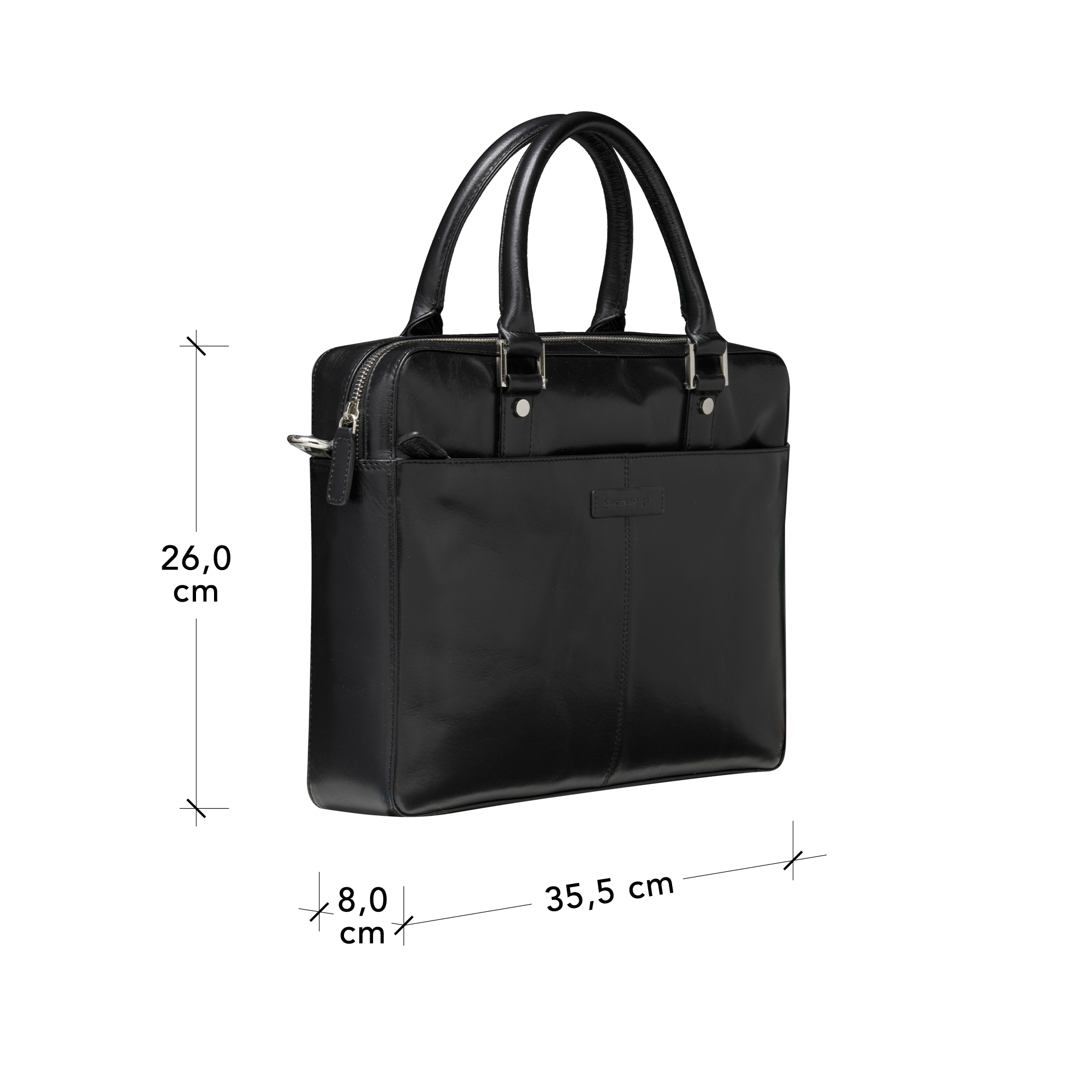 Una valigetta in pelle nera con manici, le dimensioni sono indicate. È alta 26 cm, larga 35,5 cm e profonda 8 cm.
