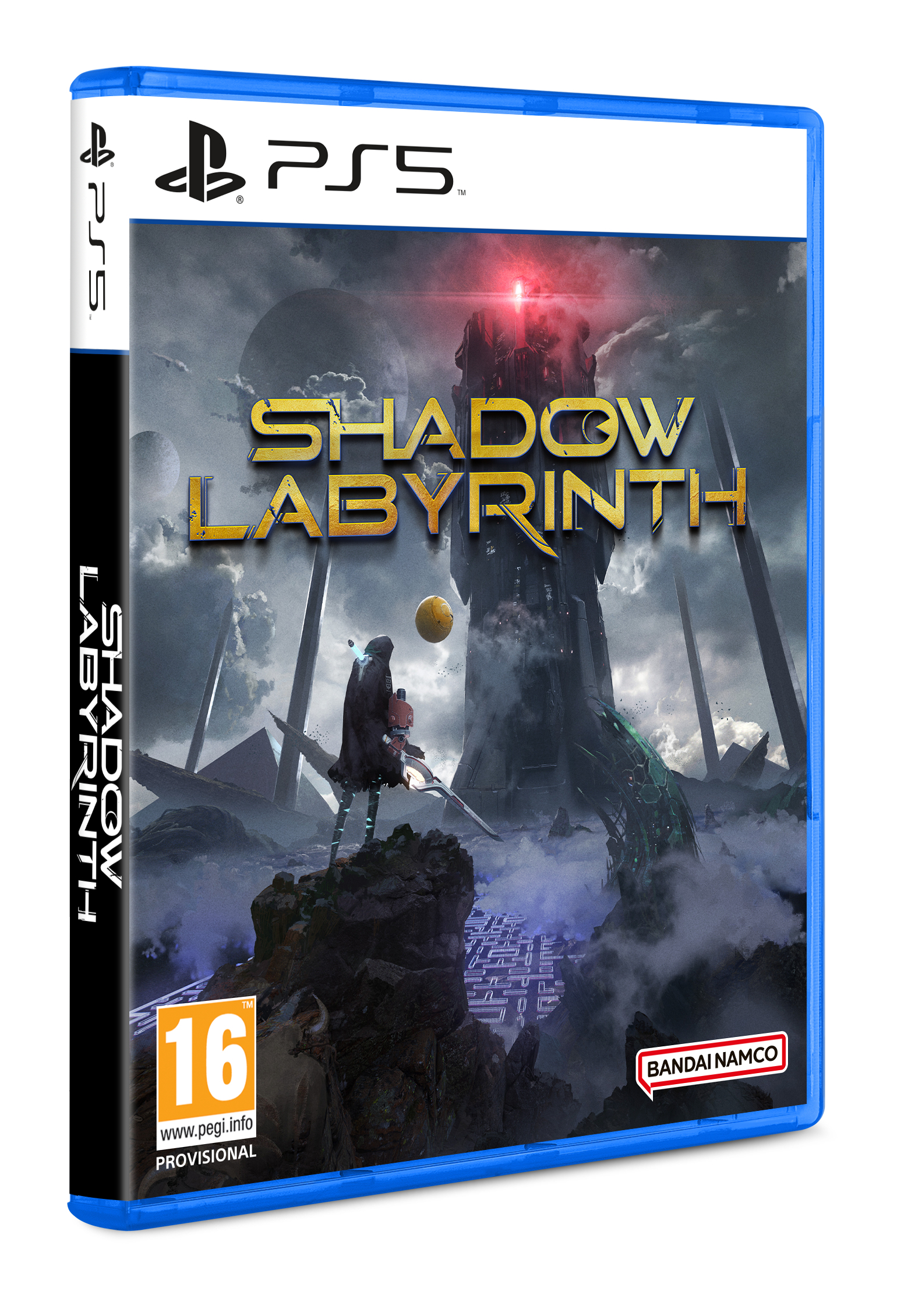 Custodia del gioco per PS5. La copertina mostra una figura su una roccia che guarda una torre con il titolo Shadow Labyrinth. Tema fantasy oscuro.