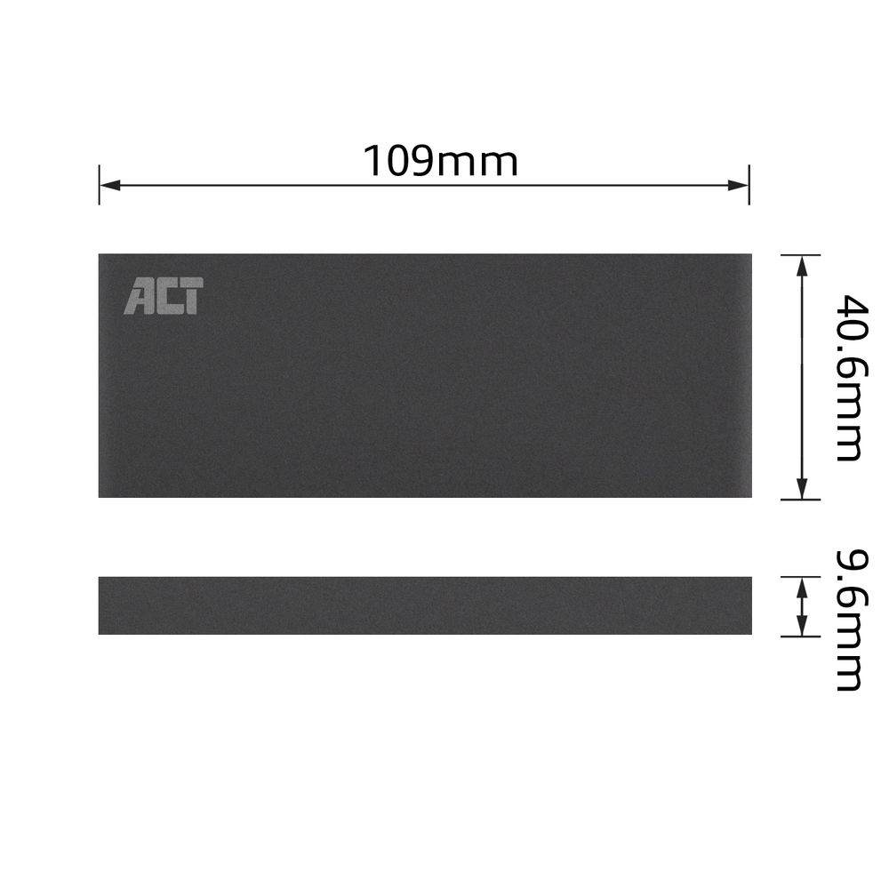 Ein dunkelgraues Rechteck mit den Maßen: 109 mm x 40,6 mm x 9,6 mm. Die Buchstaben ACT sind sichtbar. Weiße Etiketten zeigen die Maße.