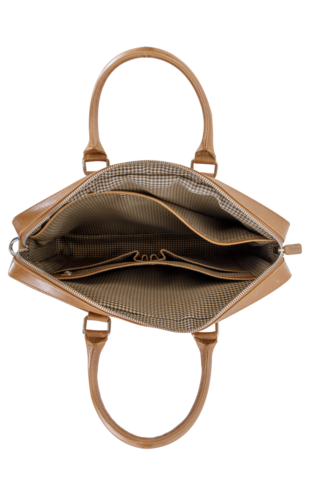 Offene, hellbraune Lederaktentasche. Innenfutter mit mehreren Taschen und kariertem Muster, mit zwei Griffen.