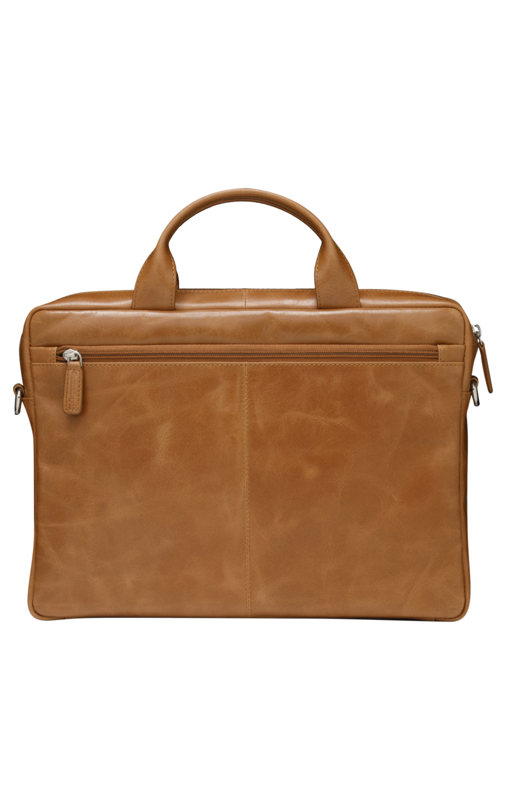 Eine braune Lederaktentasche mit Griff, Reißverschluss und Vordertasche. Der Hintergrund ist weiß.