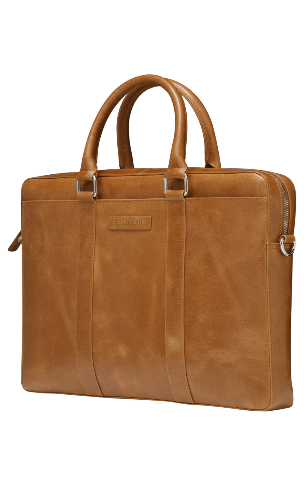 Eine braune Leder-Aktentasche mit zwei Griffen und einem Reißverschluss. Die Tasche hat eine rechteckige Form und steht aufrecht.