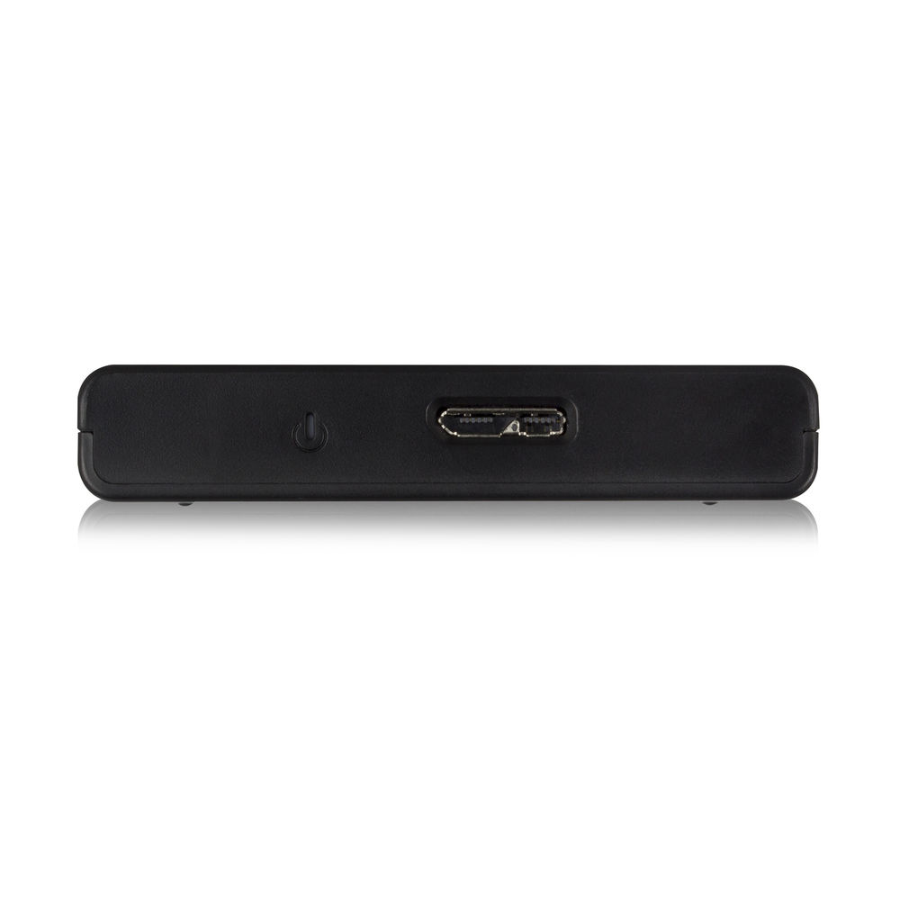 Nahaufnahme eines schwarzen Geräts mit USB-Anschluss und Power-Button. Es liegt auf einer weißen Oberfläche und reflektiert Licht.