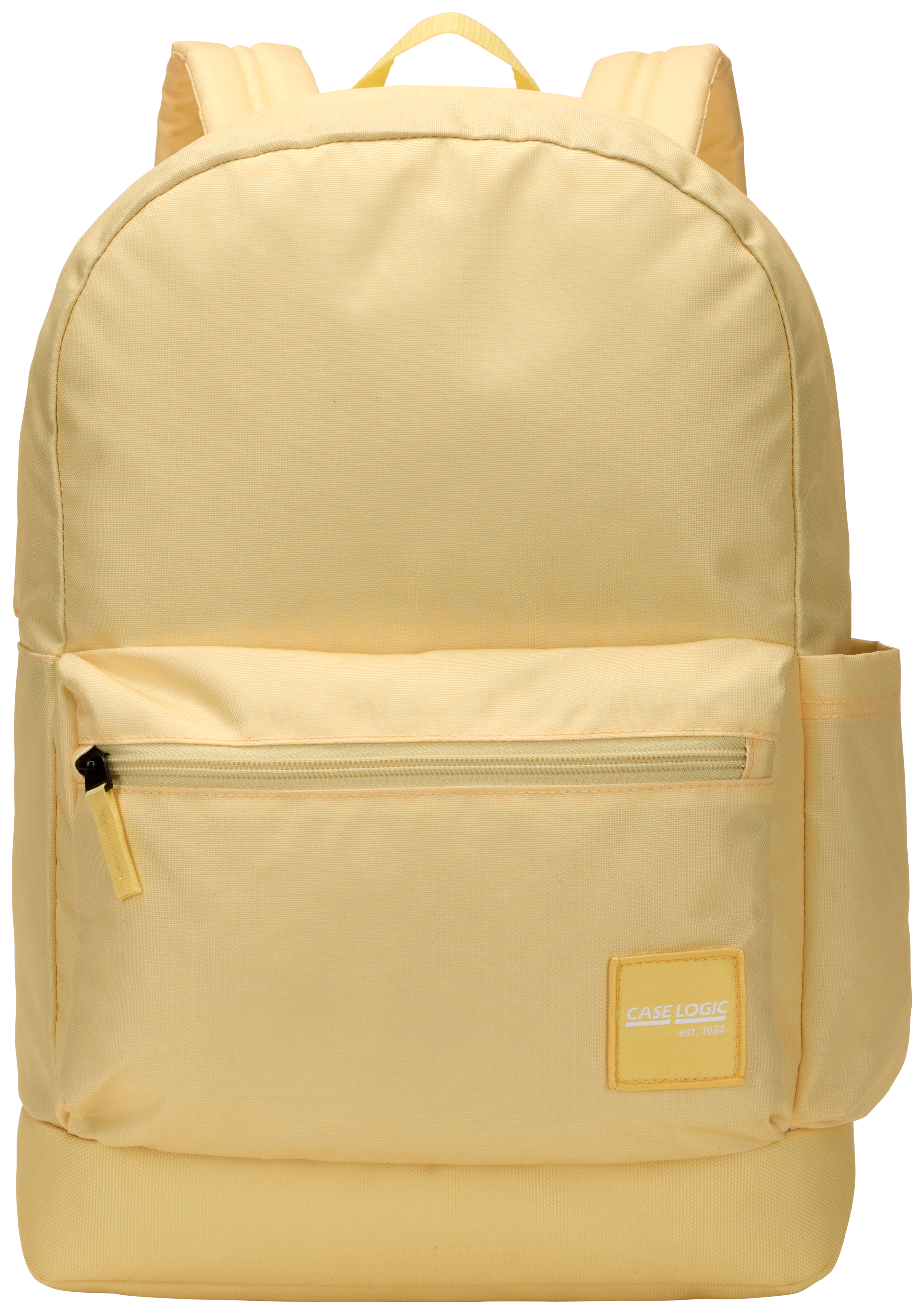 Un sac à dos jaune avec une poche avant zippée, une poche latérale et un écusson Case Logic.
