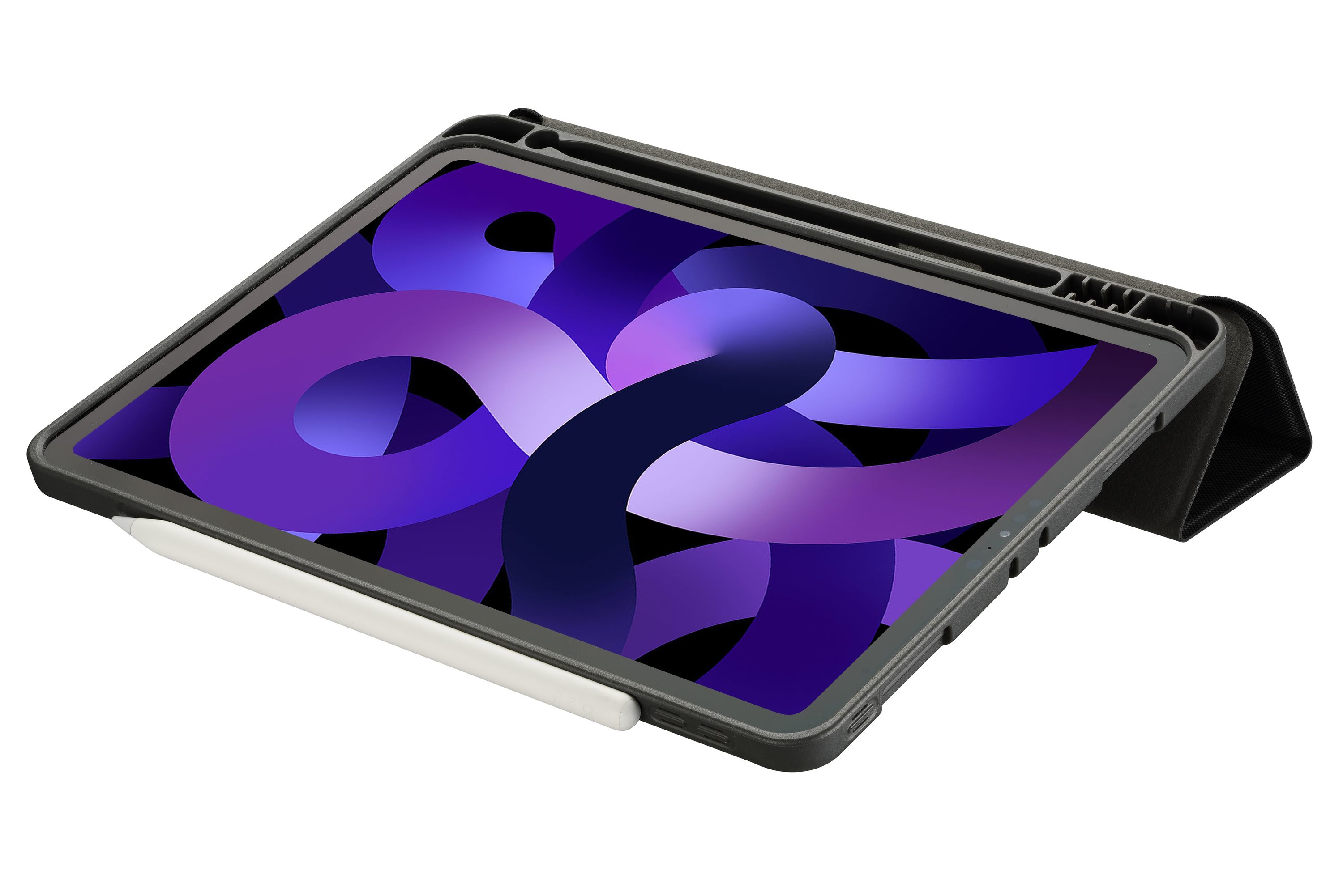 Tablet in einer Hülle mit Stift. Der Bildschirm zeigt abstrakte lila und blaue Formen. Schwarzes Gehäuse, weißer Hintergrund.