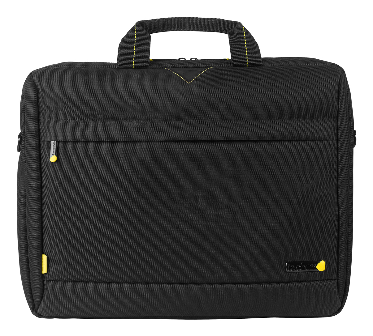 Una borsa nera per laptop con manico e dettagli gialli. Ha una tasca frontale e un logo del marchio.