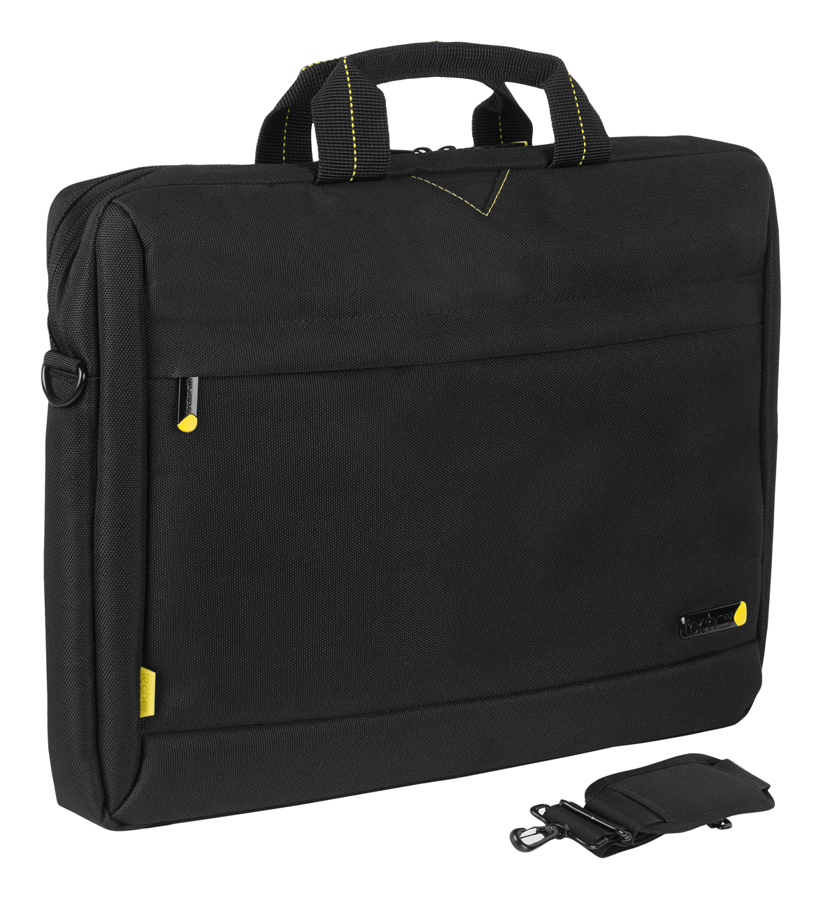 Borsa nera per laptop con dettagli gialli. Include una tracolla. L'impugnatura ha cuciture gialle. Piccola etichetta gialla sul lato.