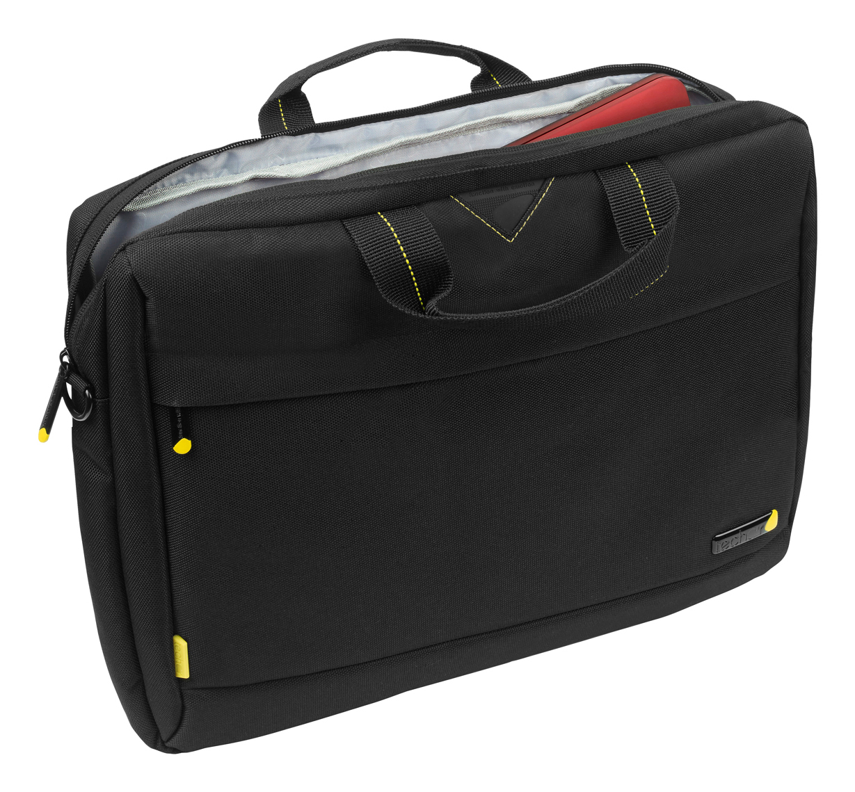 Borsa nera per laptop con dettagli gialli. Aperta, rivela oggetto rosso. Maniglia superiore e tasca frontale, isolata.