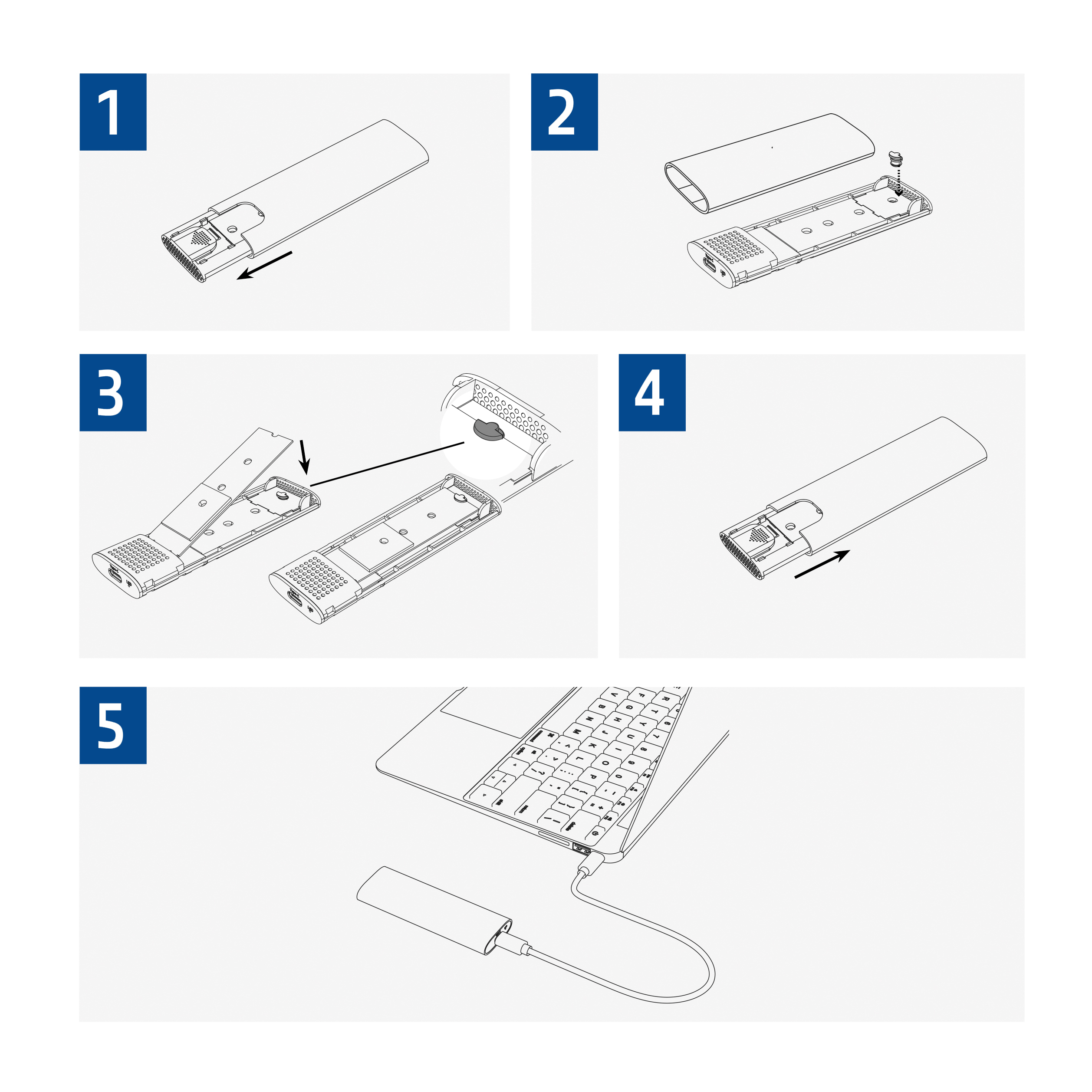 Diagramm zeigt Schritte zur Montage eines Geräts: Öffnen, Anschließen von Teilen und Anschließen an einen Laptop.