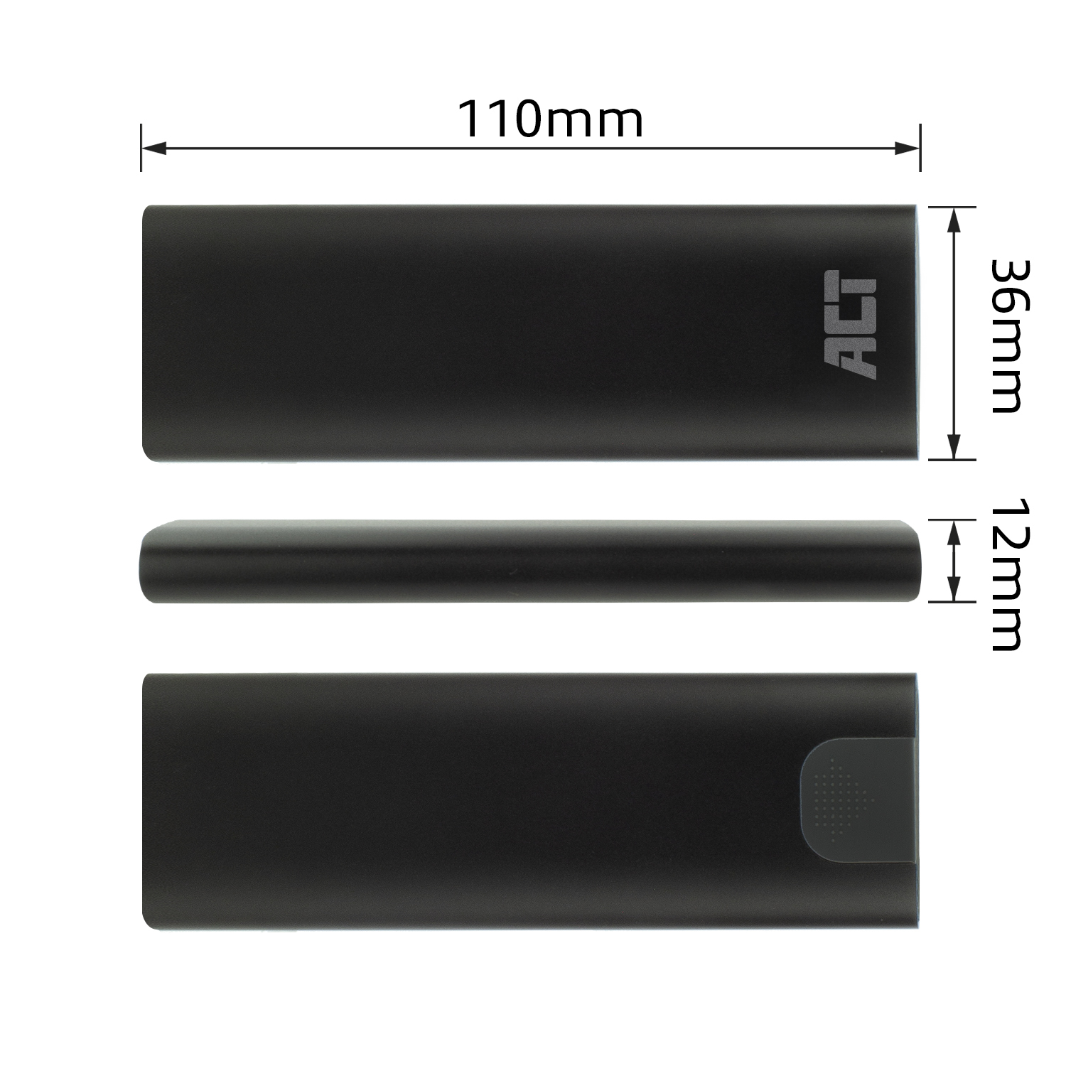Schwarzes rechteckiges Gerät mit den Maßen: 110 mm x 36 mm x 12 mm. Die Marke 'ACT' ist sichtbar. Das Gerät befindet sich auf weißem Hintergrund.