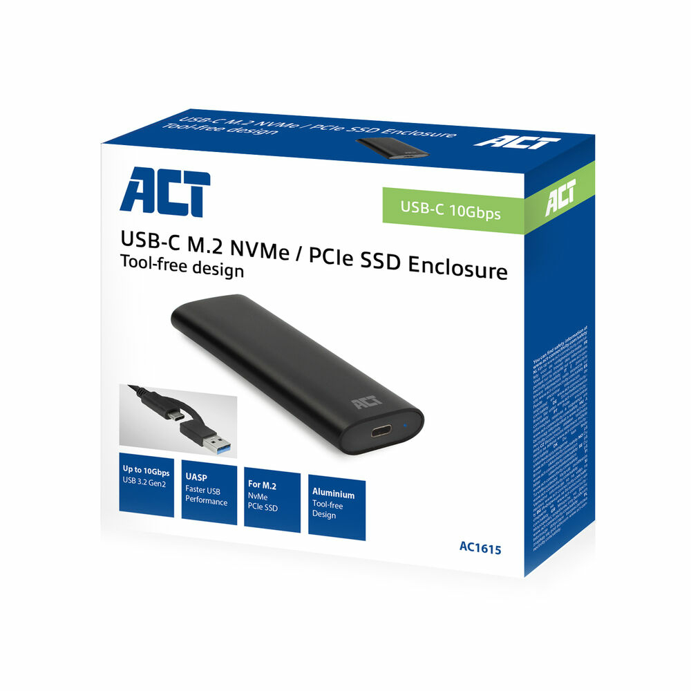 Produktverpackung für ein USB-C M.2 NVMe/PCIe SSD-Gehäuse. Es ist schwarz und hat das ACT-Logo mit Funktionsdetails.