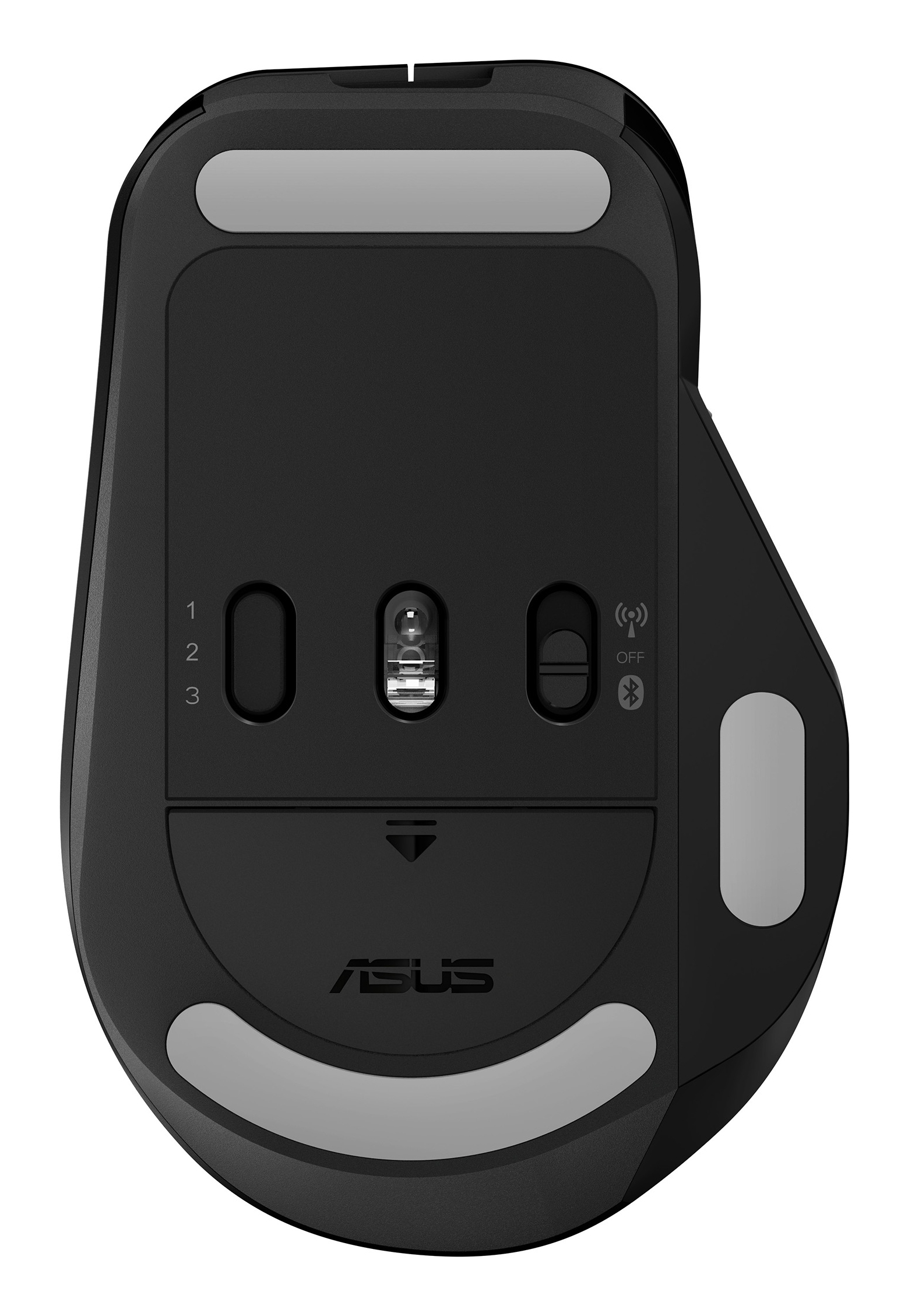 Spód czarnej myszy komputerowej z szarymi akcentami. Zawiera przyciski, czujnik i logo ASUS.