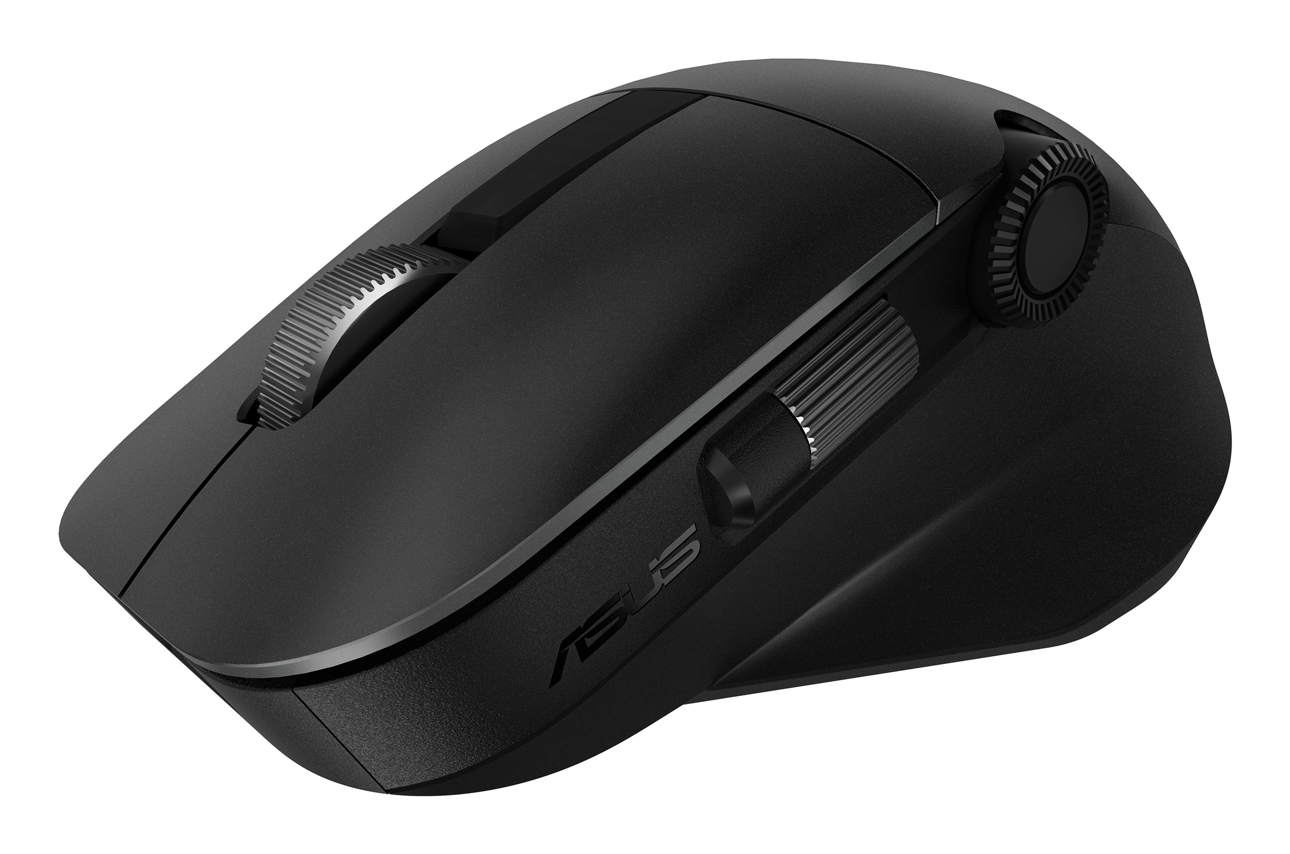 Czarna mysz komputerowa ASUS z kółkami przewijania i przyciskami na białym tle.