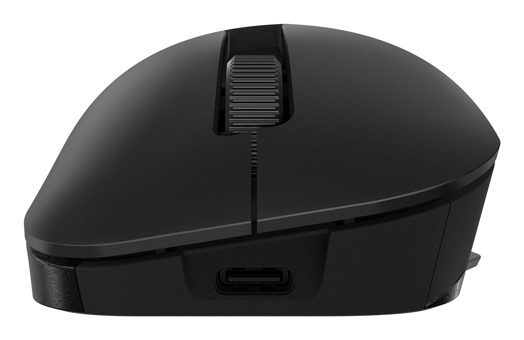 Zbliżenie czarnej myszy komputerowej. Mysz ma kółko przewijania, port USB-C i zakrzywioną, ergonomiczną konstrukcję.