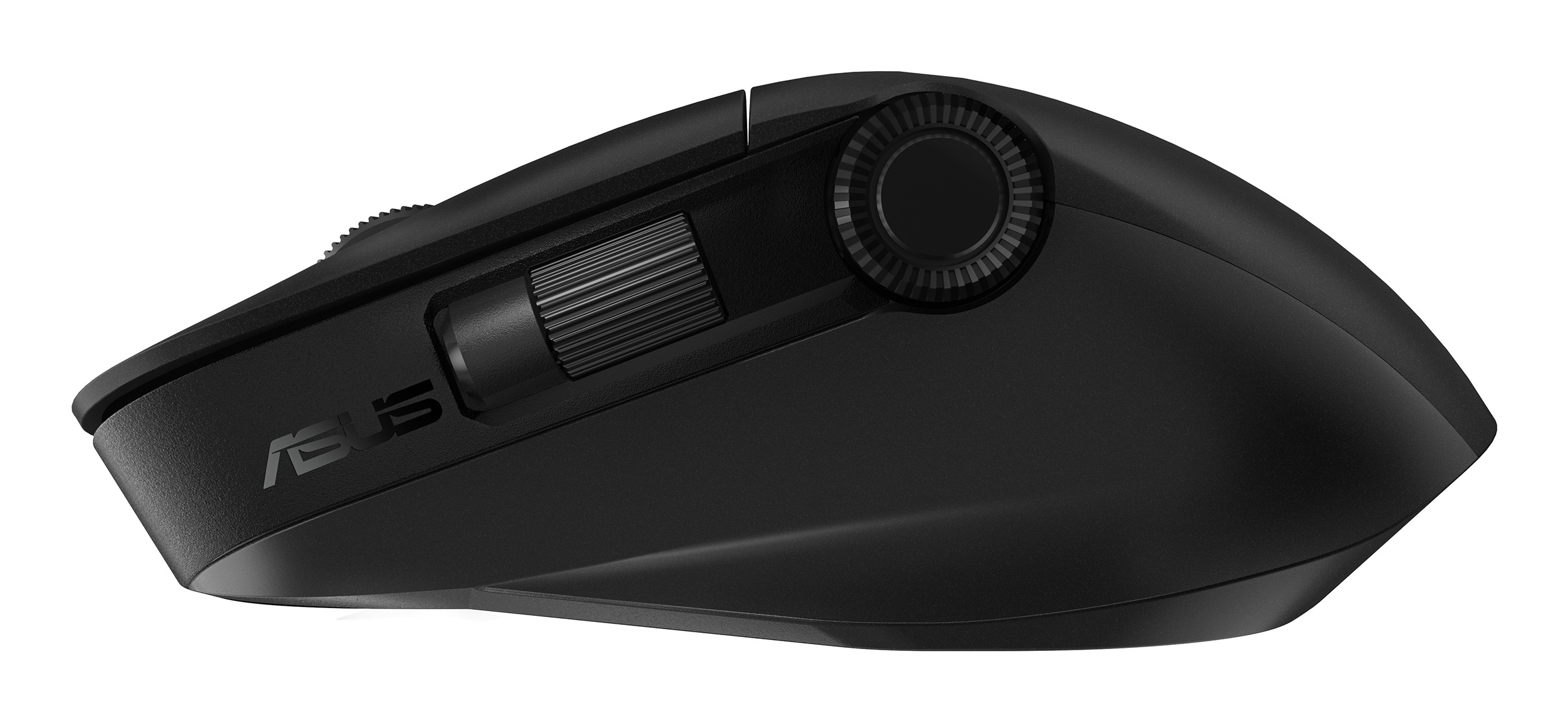 Czarna mysz komputerowa ASUS. Posiada kółko przewijania i przyciski. Logo ASUS z boku. Białe tło.