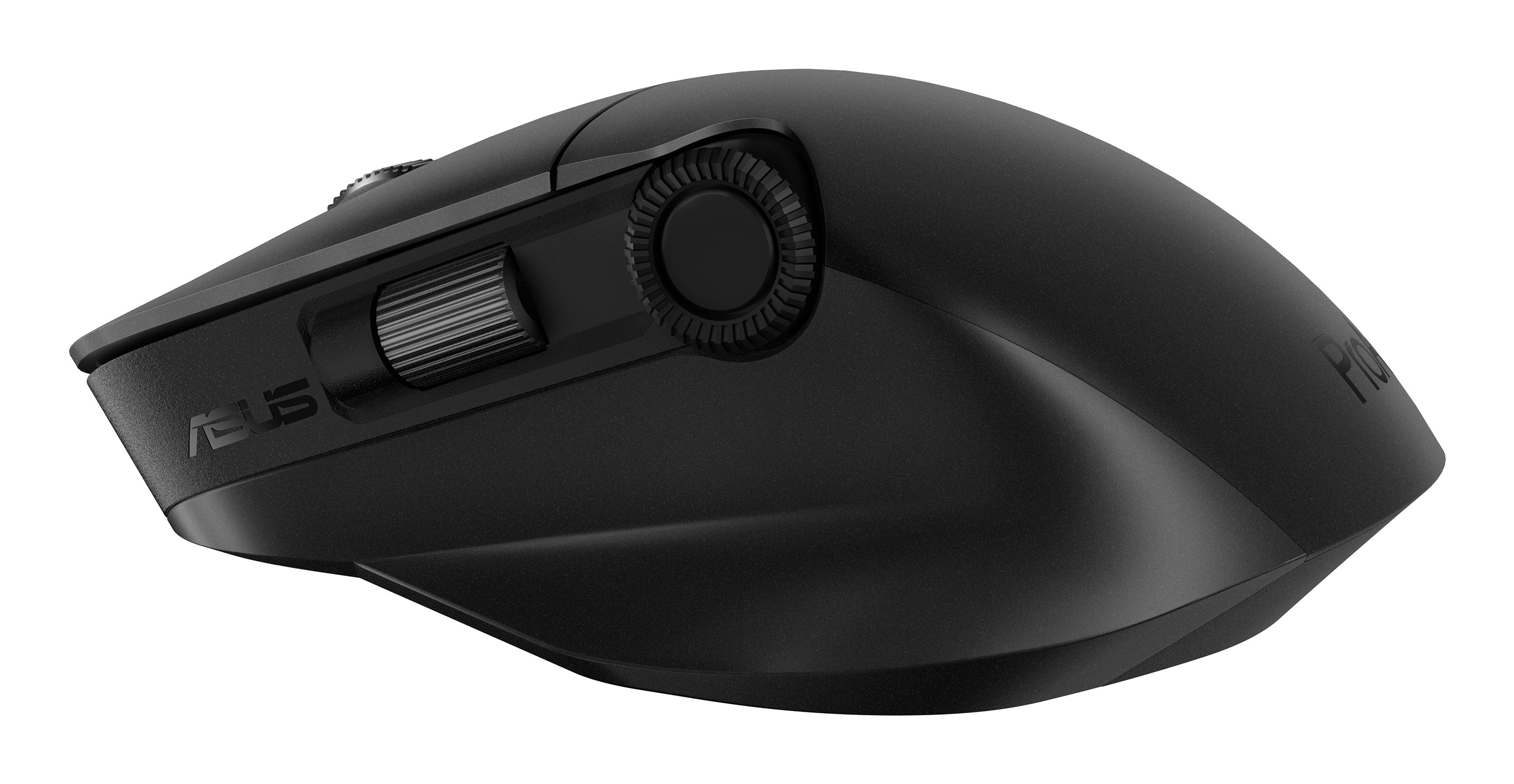 Czarna mysz komputerowa na białym tle. Posiada kółko przewijania, boczne przyciski i logo ASUS.