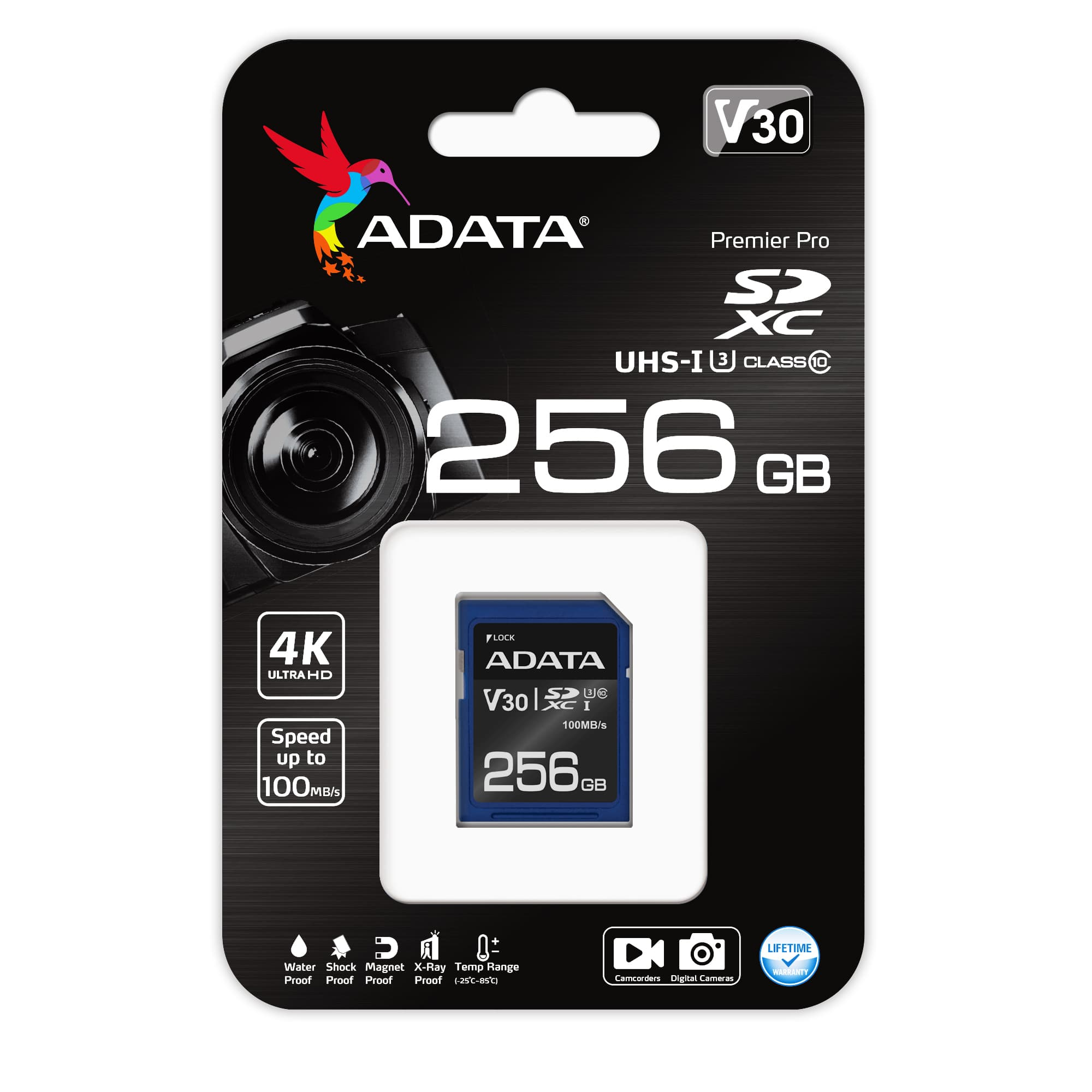 Auf einer schwarzen Verpackung ist eine ADATA-Speicherkarte abgebildet. Sie zeigt die Funktionen und die Kapazität von 256 GB.