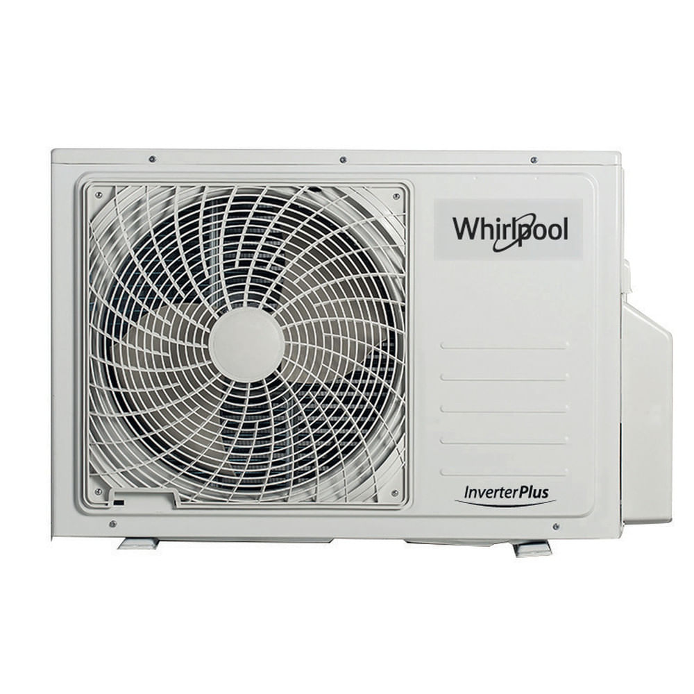 Un condizionatore Whirlpool bianco. Ha una ventola a sinistra e un pannello di controllo a destra. Le parole 'InverterPlus' sono visibili.