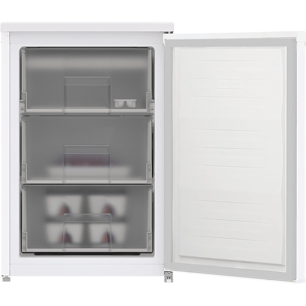 Un congelador blanco con la puerta abierta. En el interior, se ven tres cajones y el interior de la puerta es blanco.