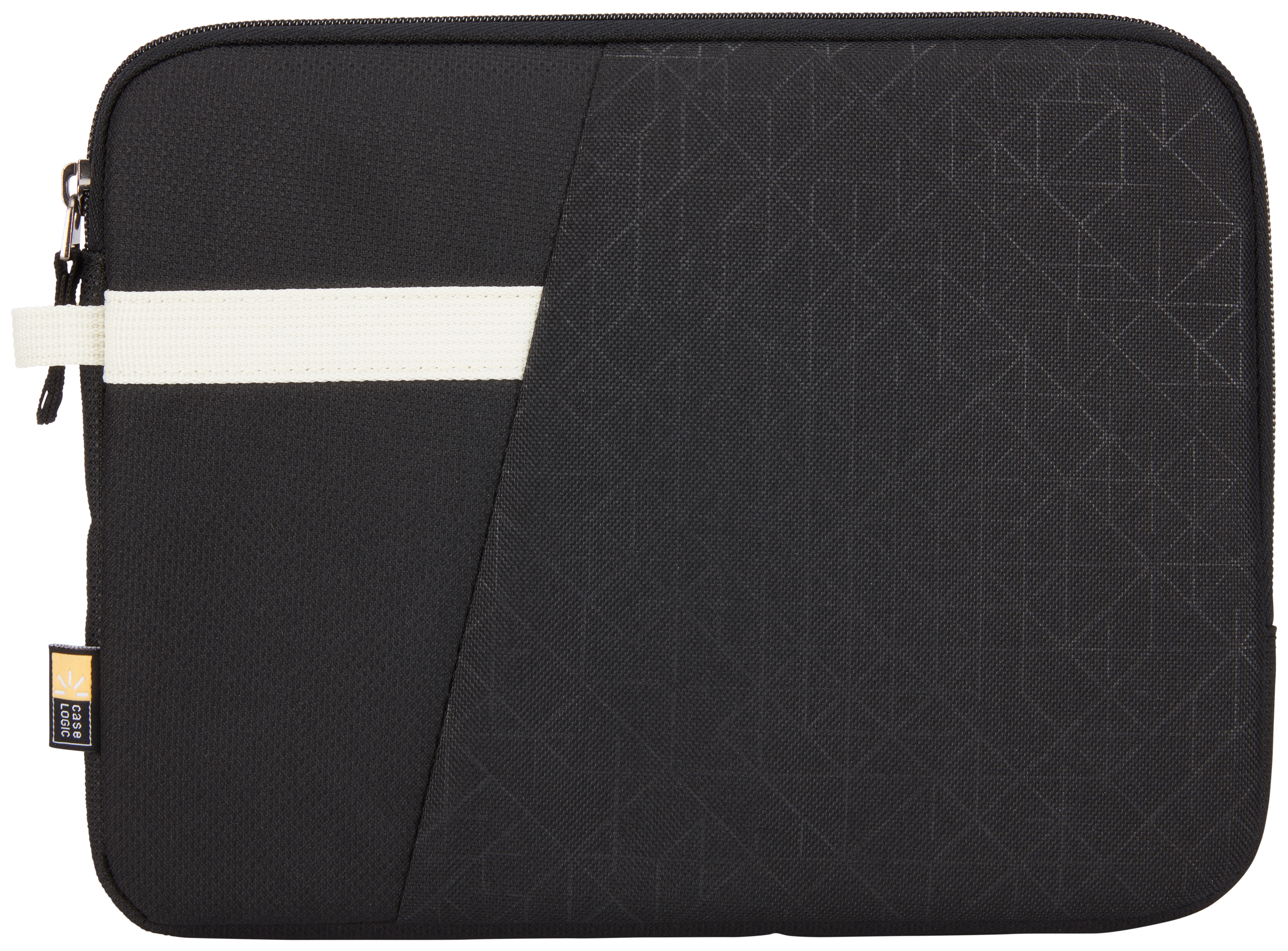 Schwarze Laptoptasche mit weißem Streifen und Reißverschluss. Ein Case Logic-Logo befindet sich unten links.