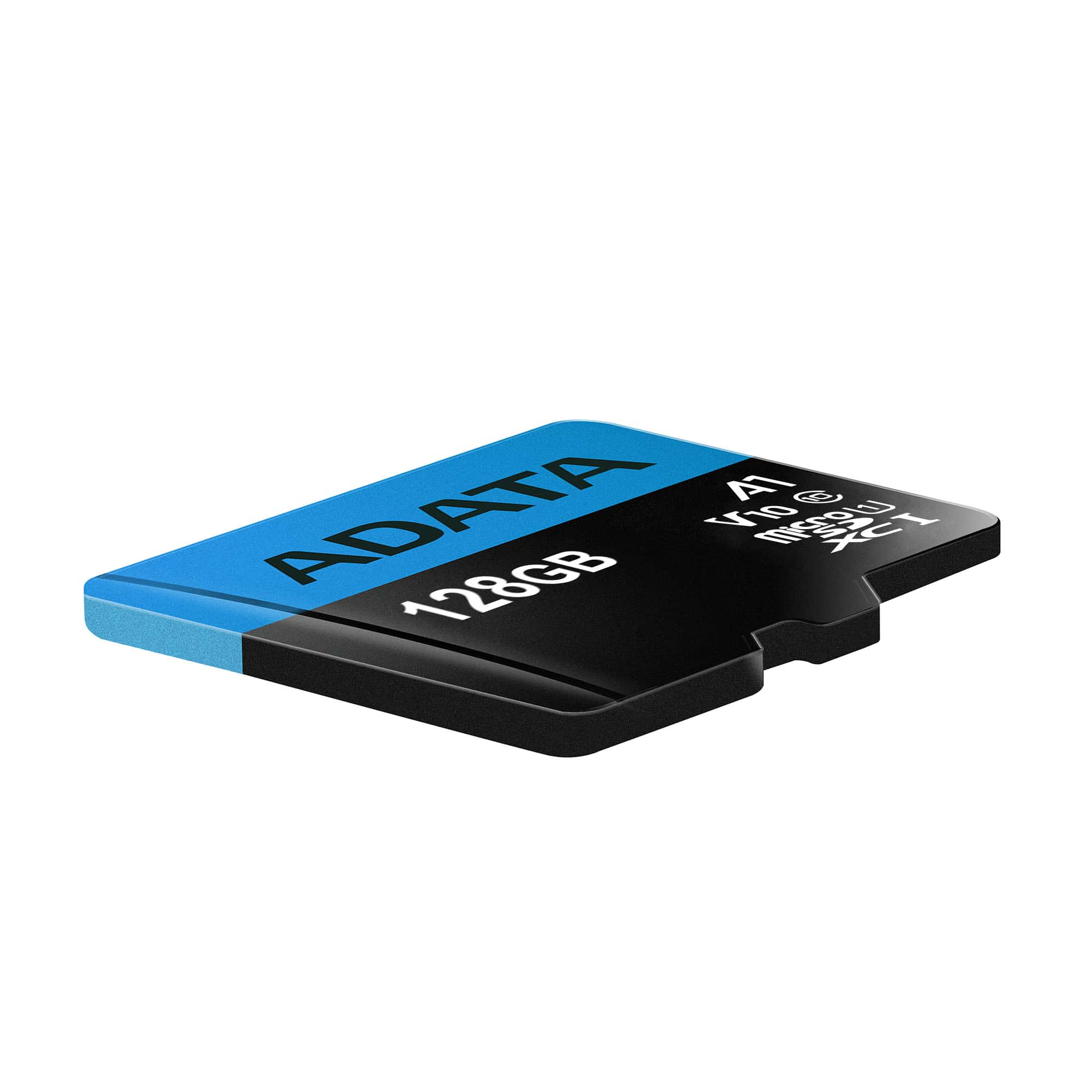 Eine Micro-SD-Karte mit blauen und schwarzen Abschnitten. Sie trägt das ADATA-Logo, 128GB und weitere technische Details.
